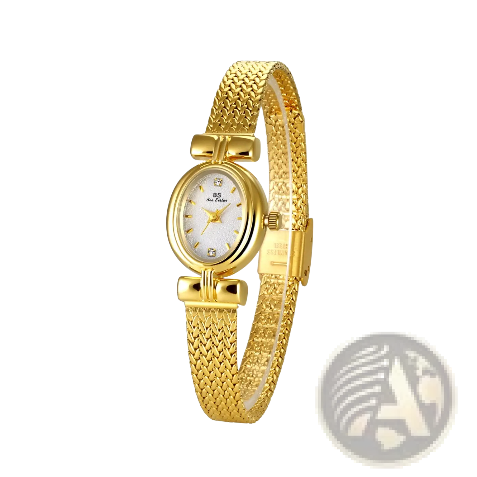 Vintage mesh bracelet watch in gold tone with white dial diamond accents at 12 and 6 o’clock bs branding