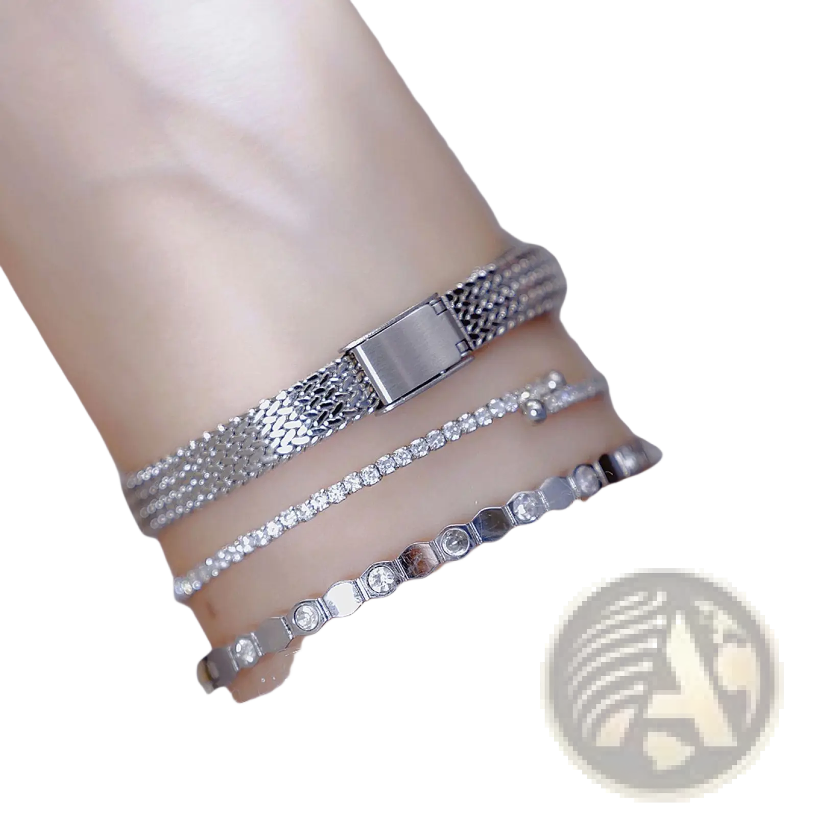 Vintage mesh bracelet watch with silver mesh band and rectangular clasp adorned with small sparkling diamond accents