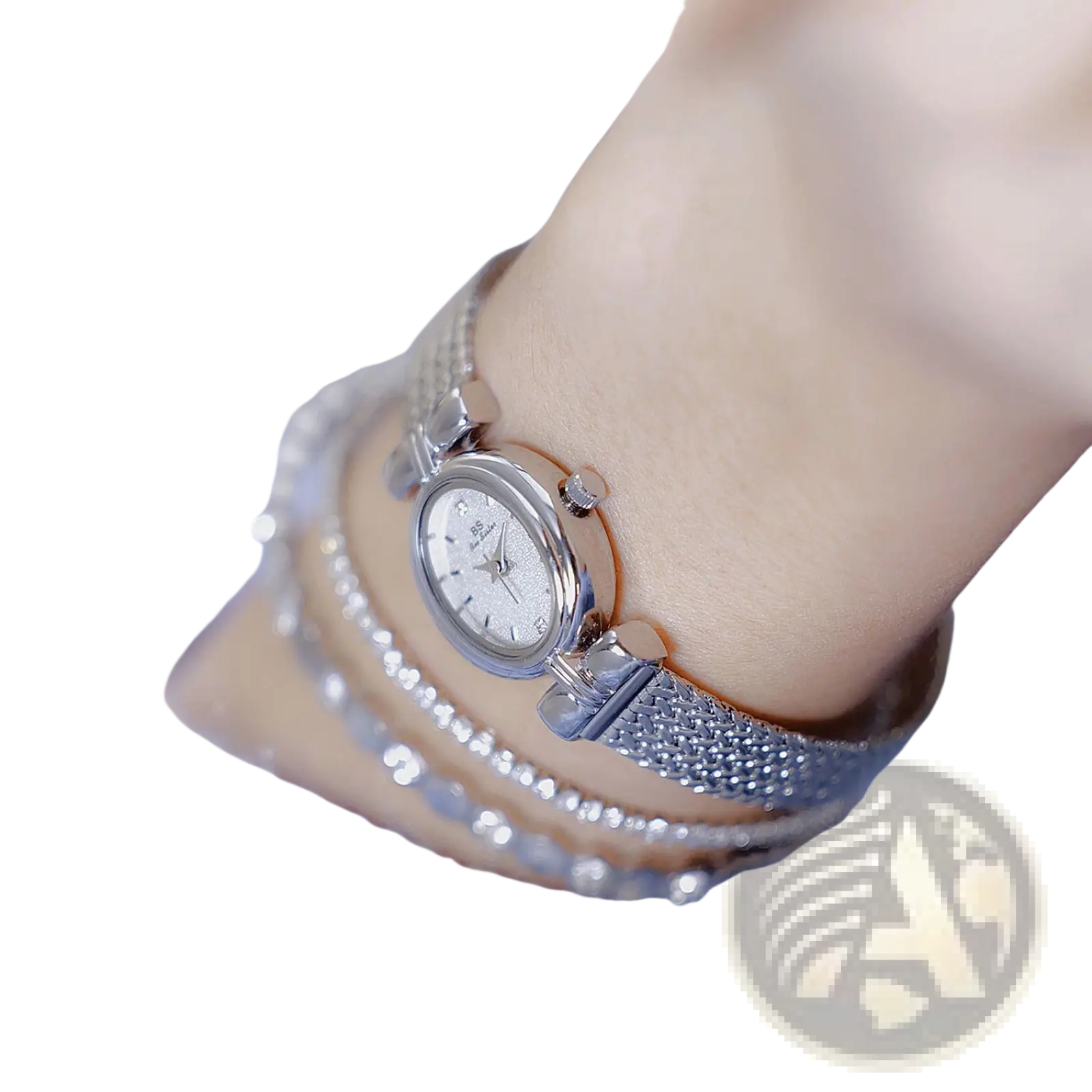 Vintage silver mesh bracelet watch with a sparkling diamond-encrusted face and clasp for elegant wear