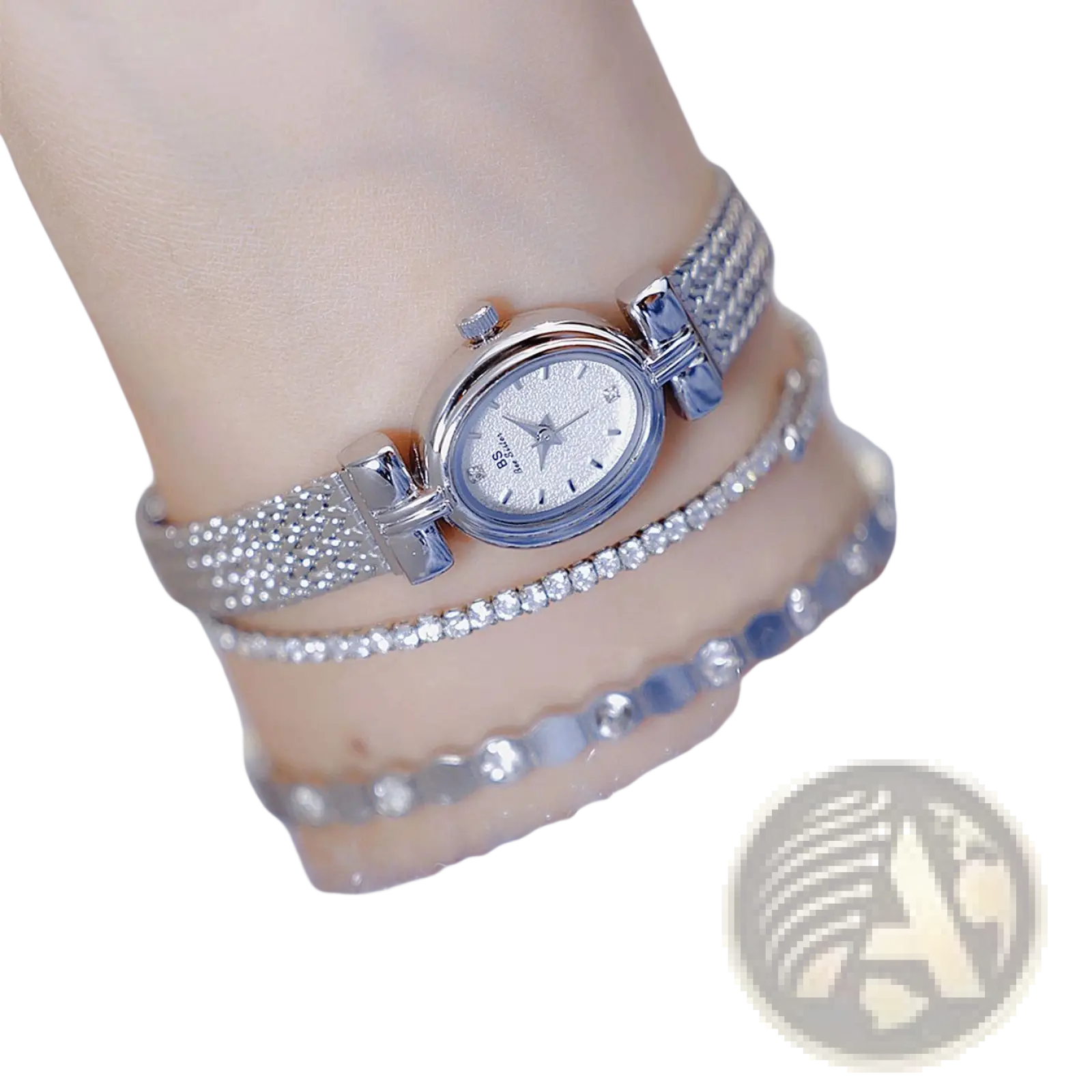 Vintage mesh bracelet watch with diamond accents featuring a delicate silver-toned sparkling mesh band and crystal face