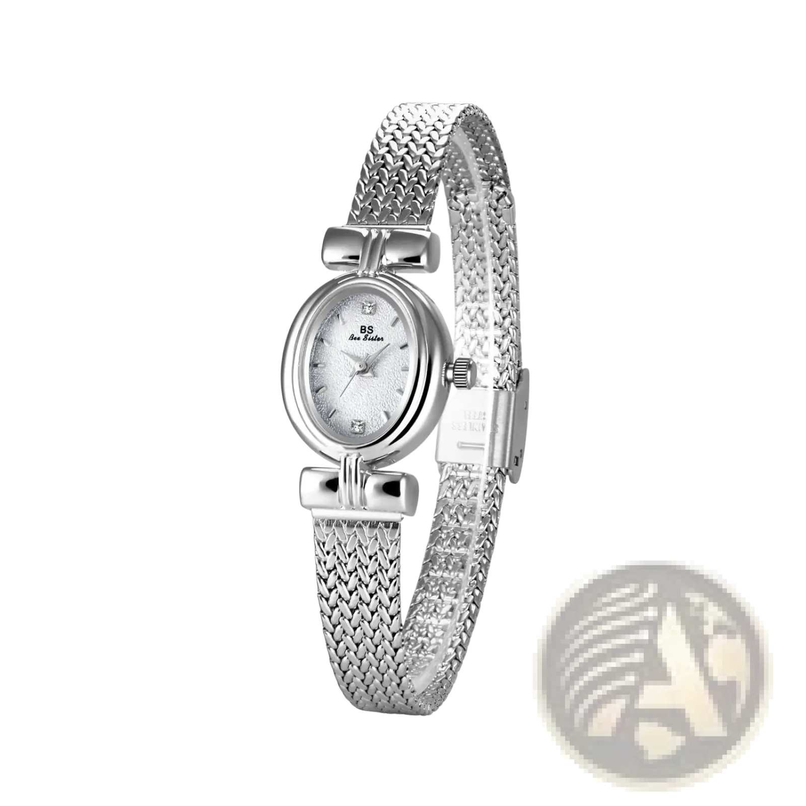 Vintage silver mesh bracelet watch with round face bow-shaped clasp and subtle diamond accents