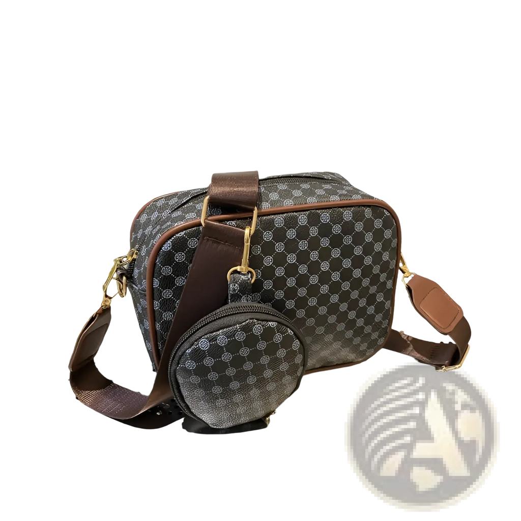 Brown and gray patterned vintage monogram shell crossbody bag with matching circular coin pouch in leather material
