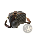 Brown and gray patterned vintage monogram shell crossbody bag with matching circular coin pouch in leather material