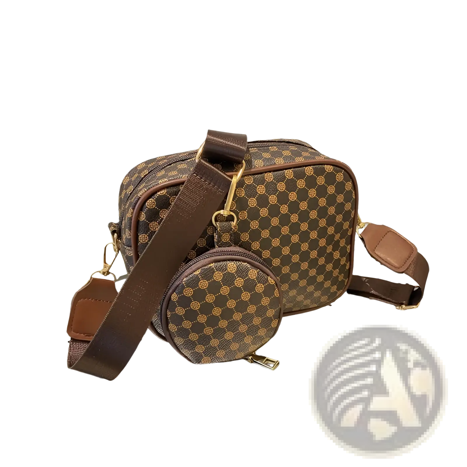 Vintage monogram shell brown and gold crossbody bag with matching circular coin pouch in monogram pattern