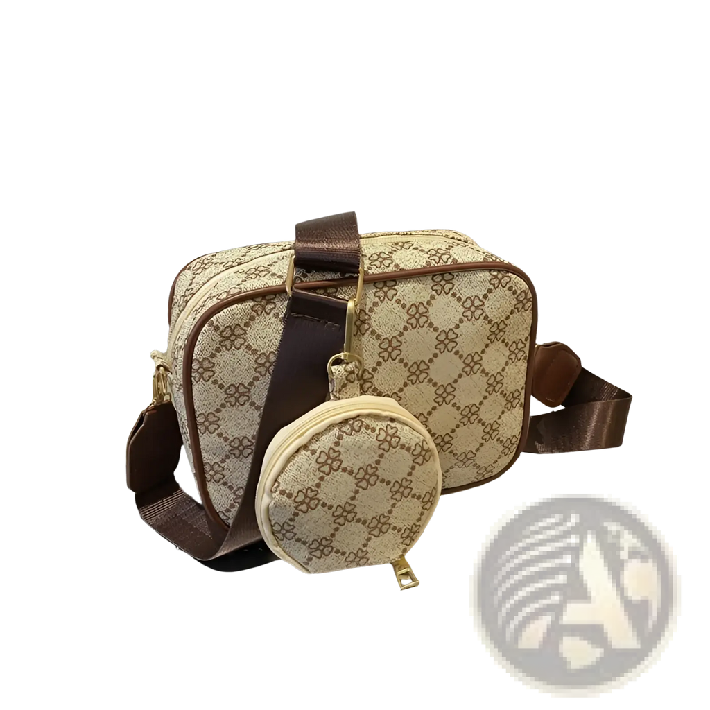 Beige and brown patterned vintage monogram shell crossbody bag with matching circular coin pouch and gold clasp