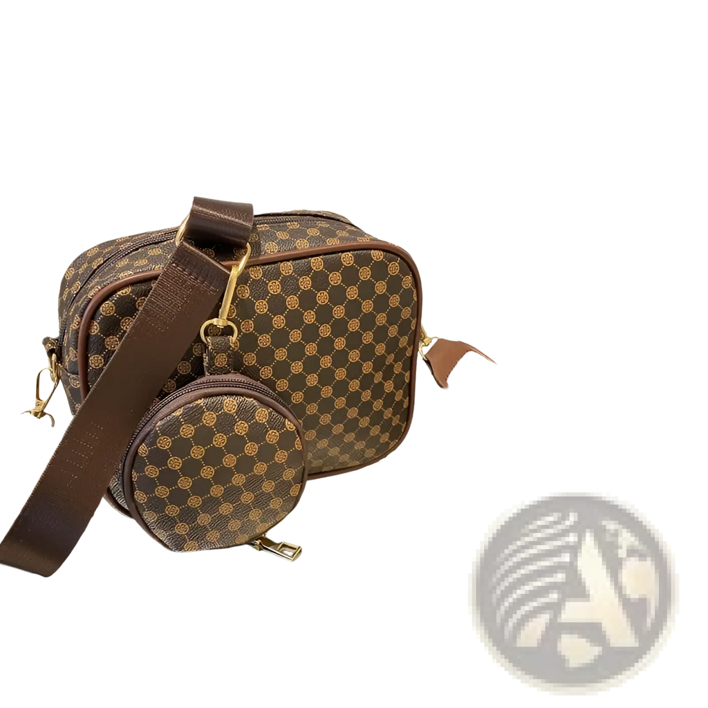 Vintage monogram shell brown and gold patterned crossbody bag with matching circular coin pouch for hands-free use