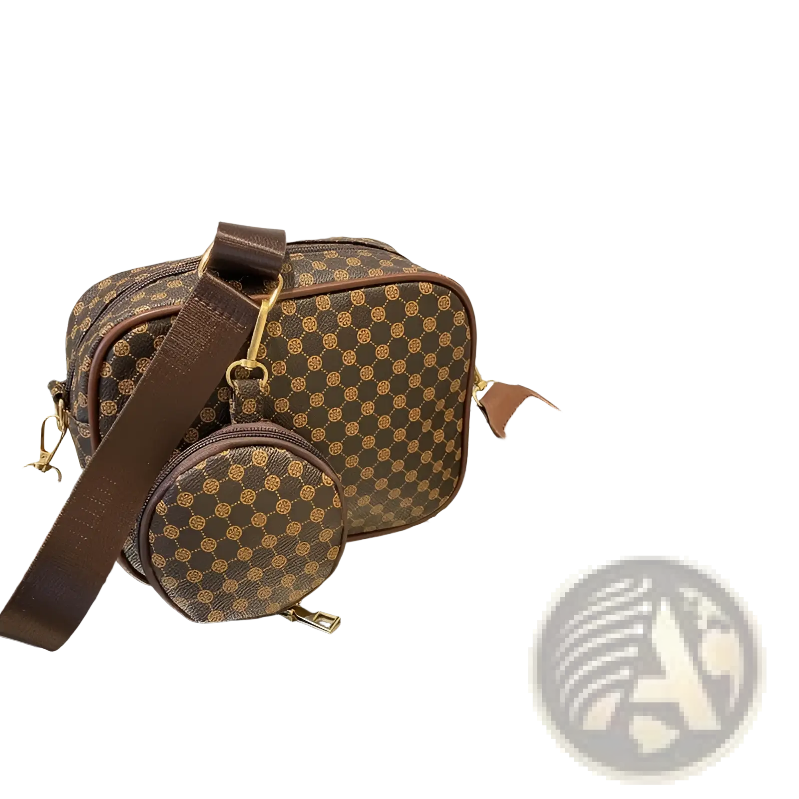 Vintage monogram shell brown and gold patterned crossbody bag with matching circular coin pouch for hands-free use