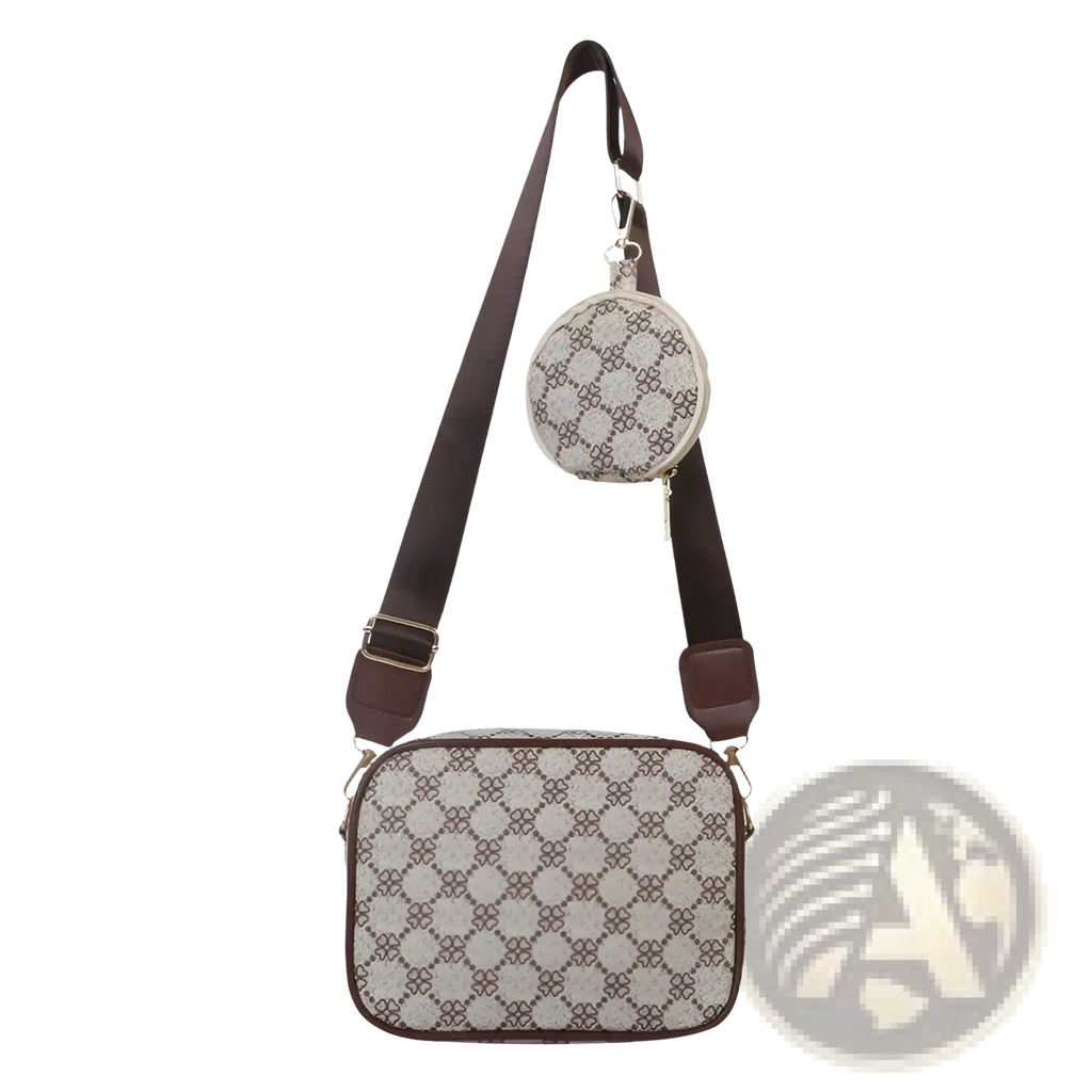 Beige and brown vintage monogram shell crossbody bag with patterned design and matching circular coin pouch attached