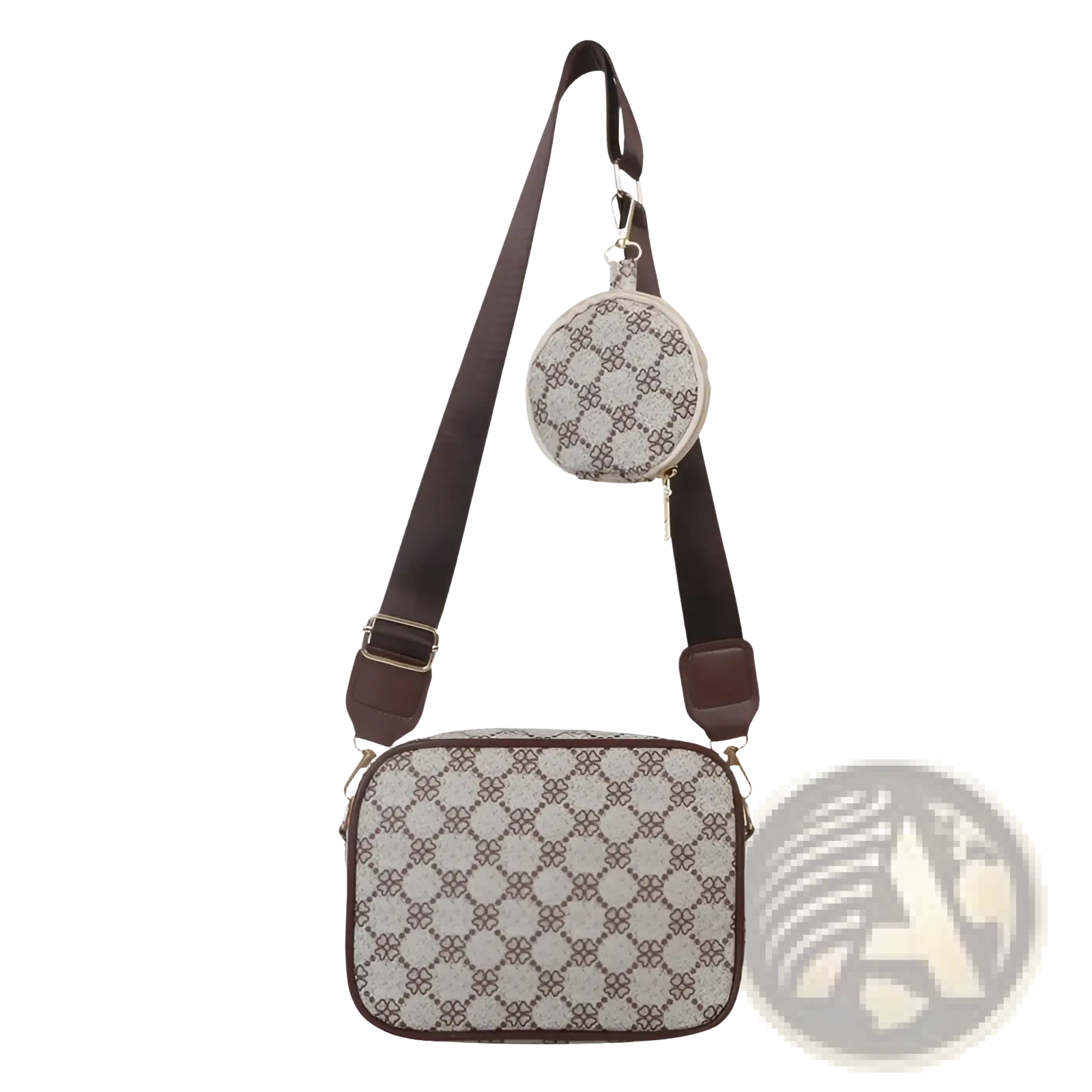 Beige and brown vintage monogram shell crossbody bag with patterned design and matching circular coin pouch attached