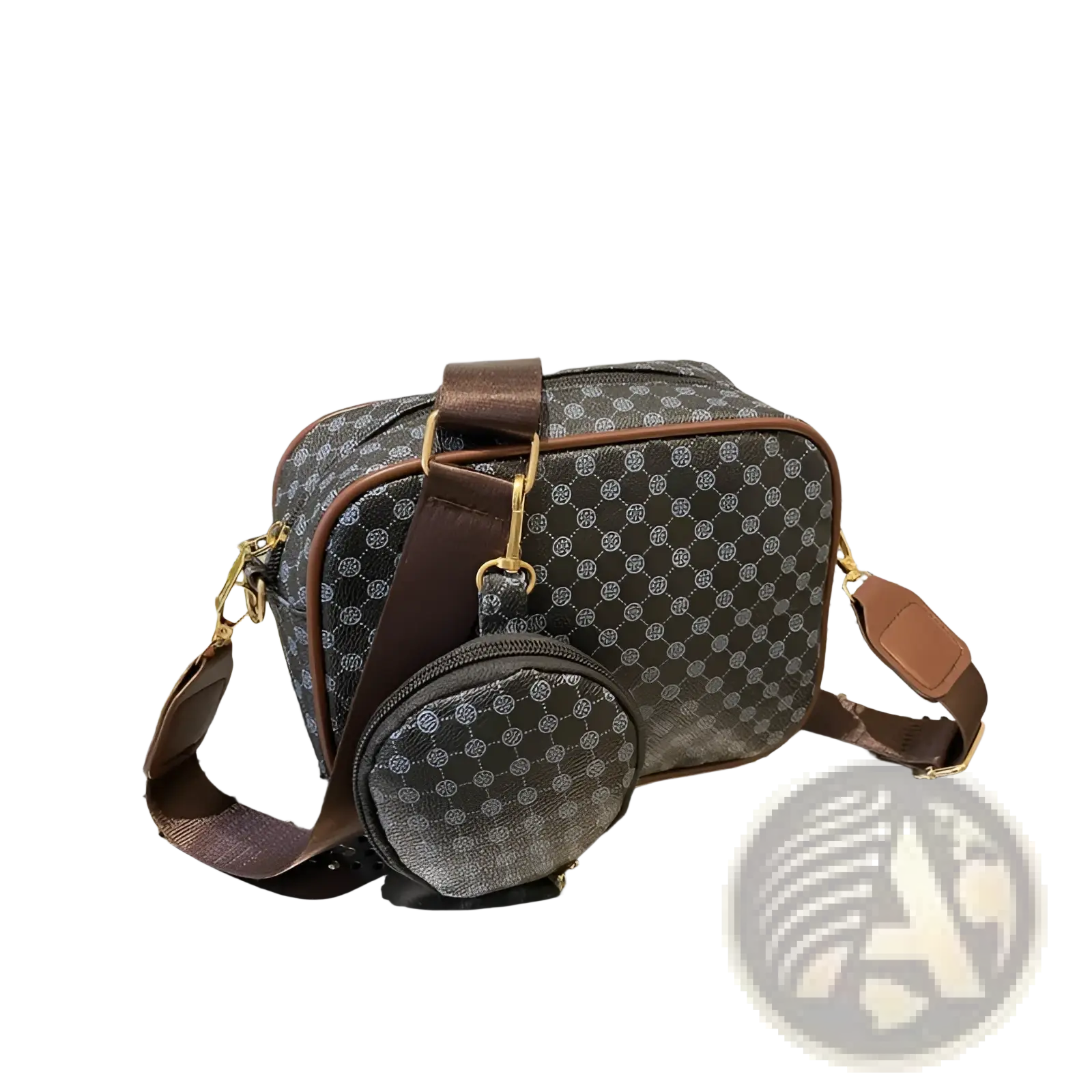 Vintage monogram shell crossbody bag in brown and gray pattern with matching circular coin pouch for daily use