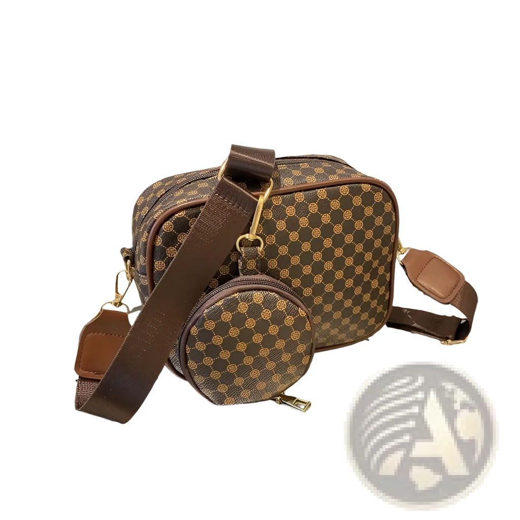 Vintage monogram shell crossbody bag set in brown and gold with matching circular coin pouch in leather material