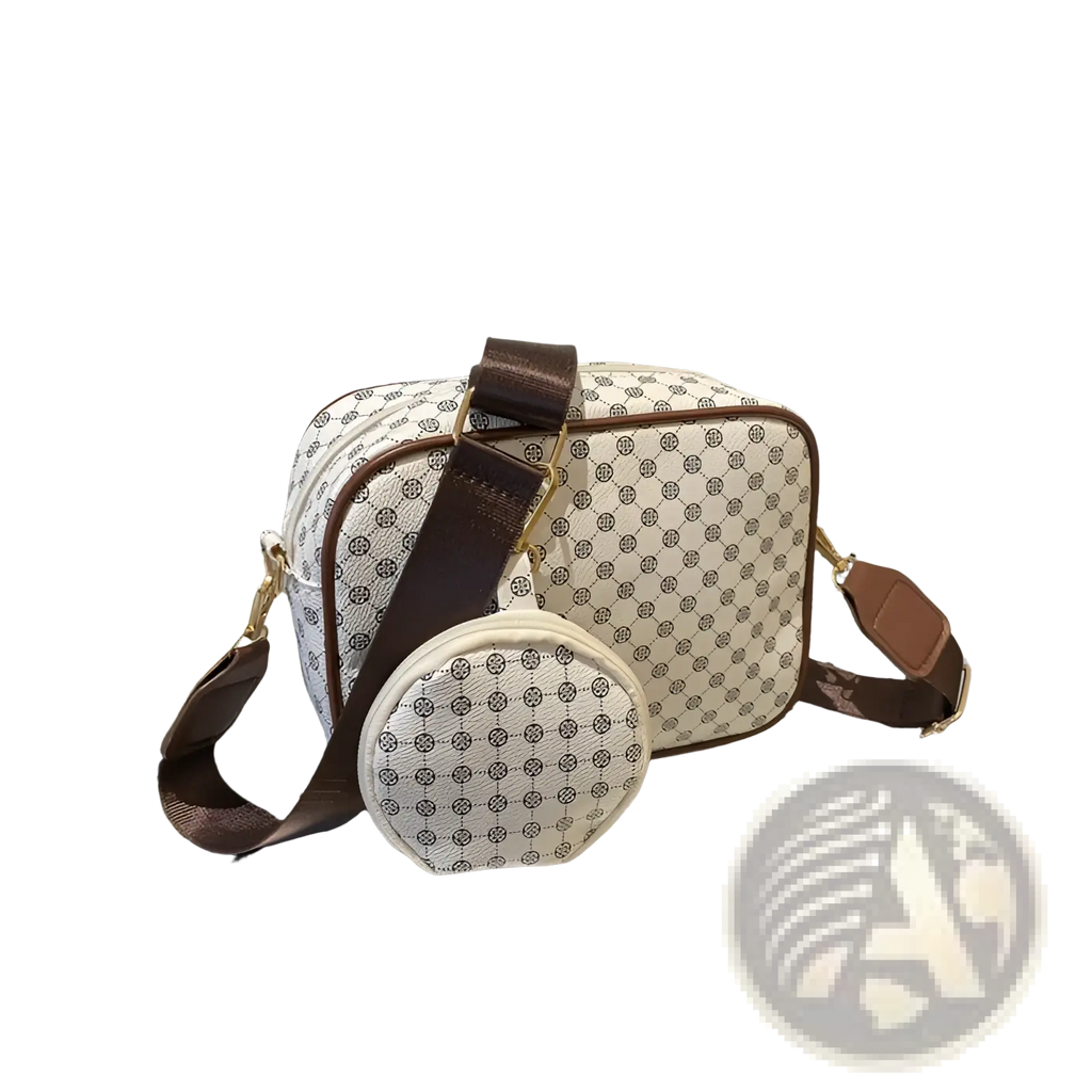 Vintage monogram shell white and brown patterned crossbody bag with matching circular coin pouch for daily use