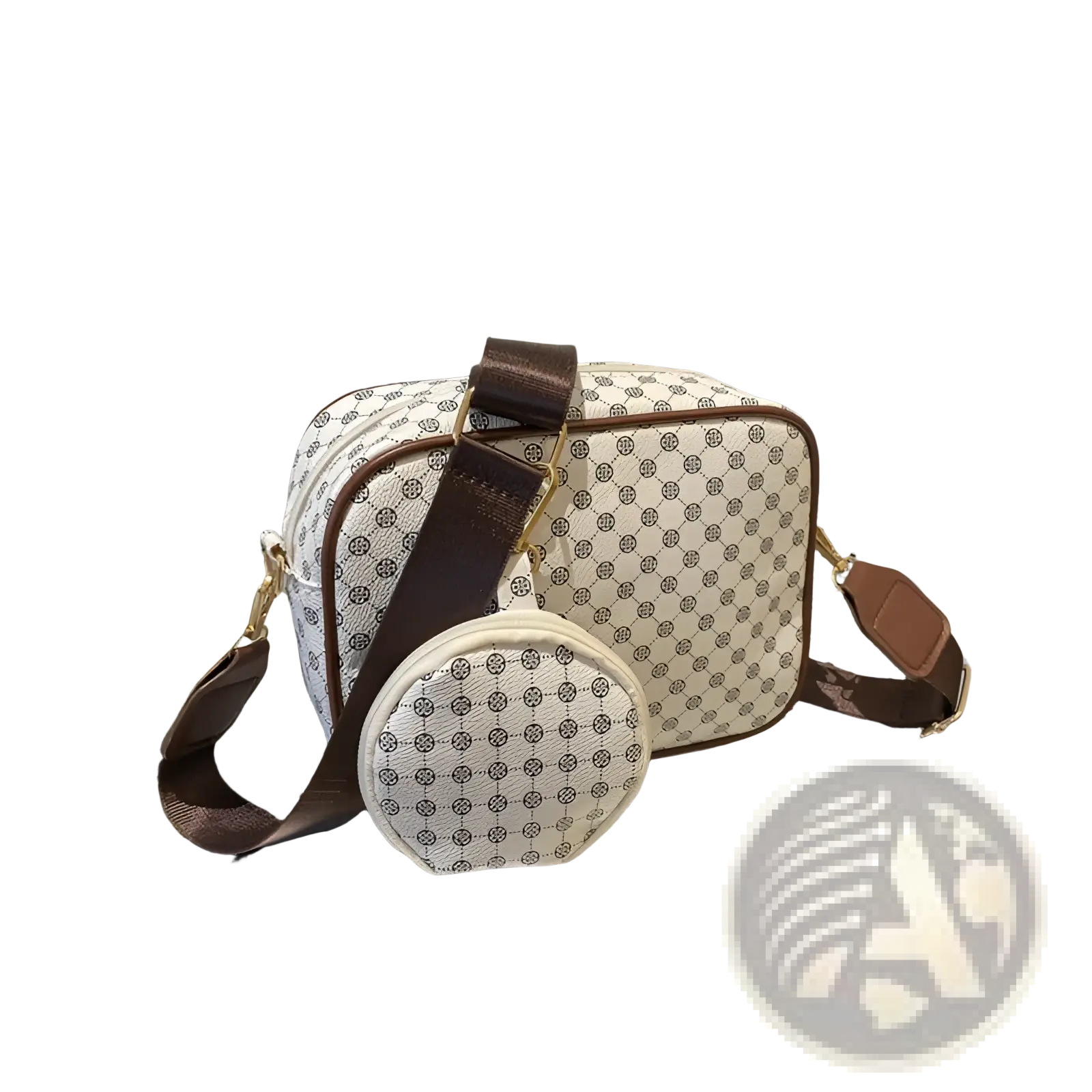 Vintage monogram shell white and brown patterned crossbody bag with matching circular coin pouch for everyday use