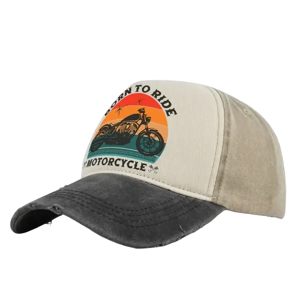 Beige and dark gray distressed cotton baseball cap featuring vintage motorcycle and born to ride text with sunset design