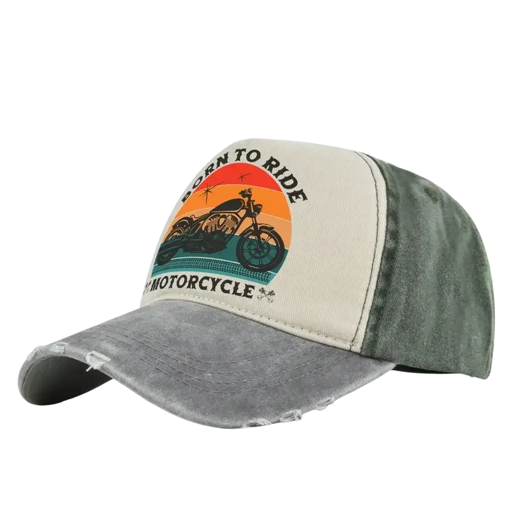 Distressed cotton vintage motorcycle baseball cap with vintage motorcycle graphic and born to ride text in retro colors