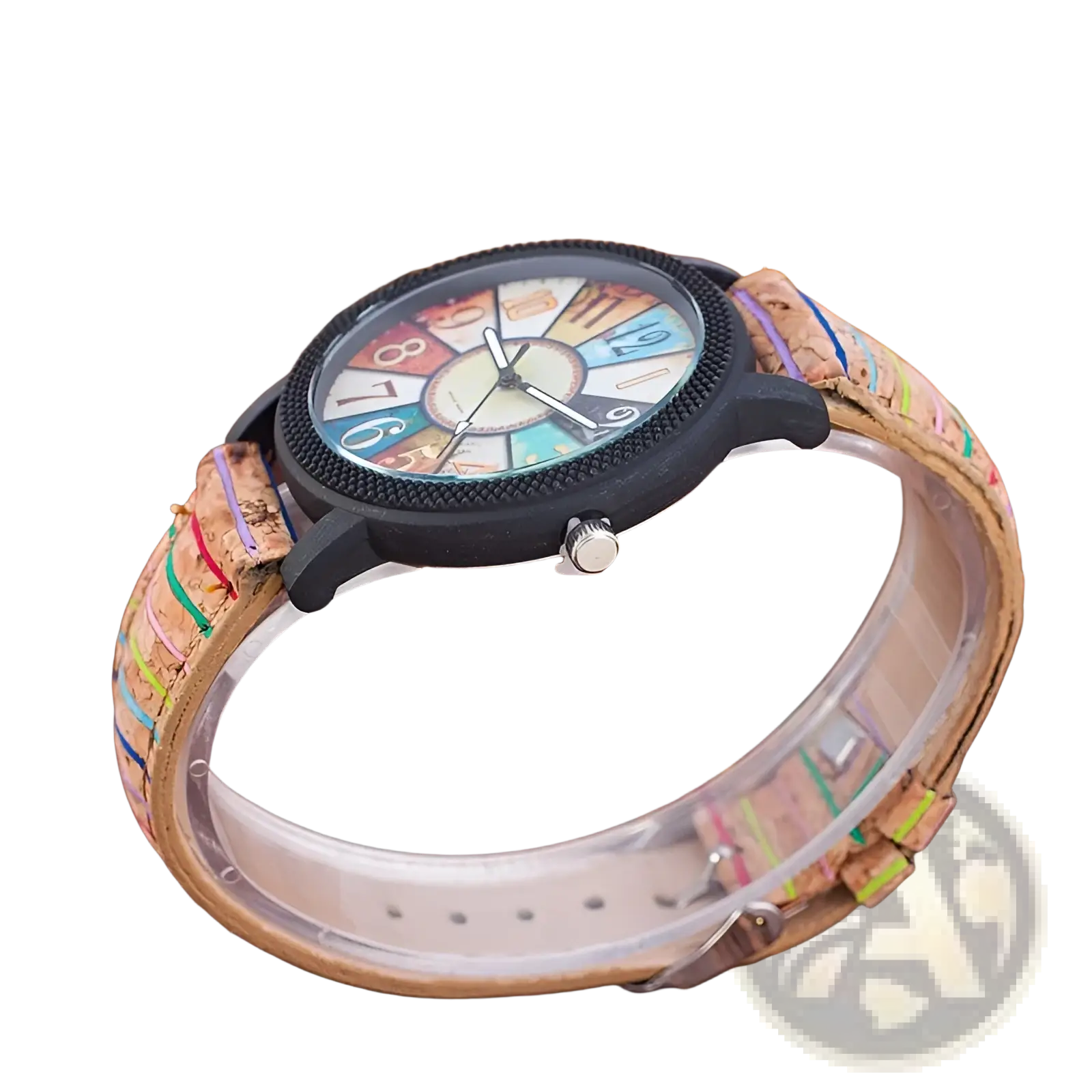 Vintage multicolored cork strap quartz watch for women with a black rubber bezel and rainbow-colored dial segments