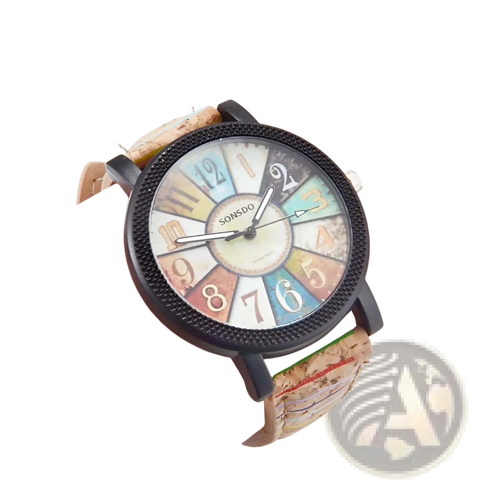 Vintage multicolored quartz wristwatch for women with a black textured bezel and earthy-toned cork strap