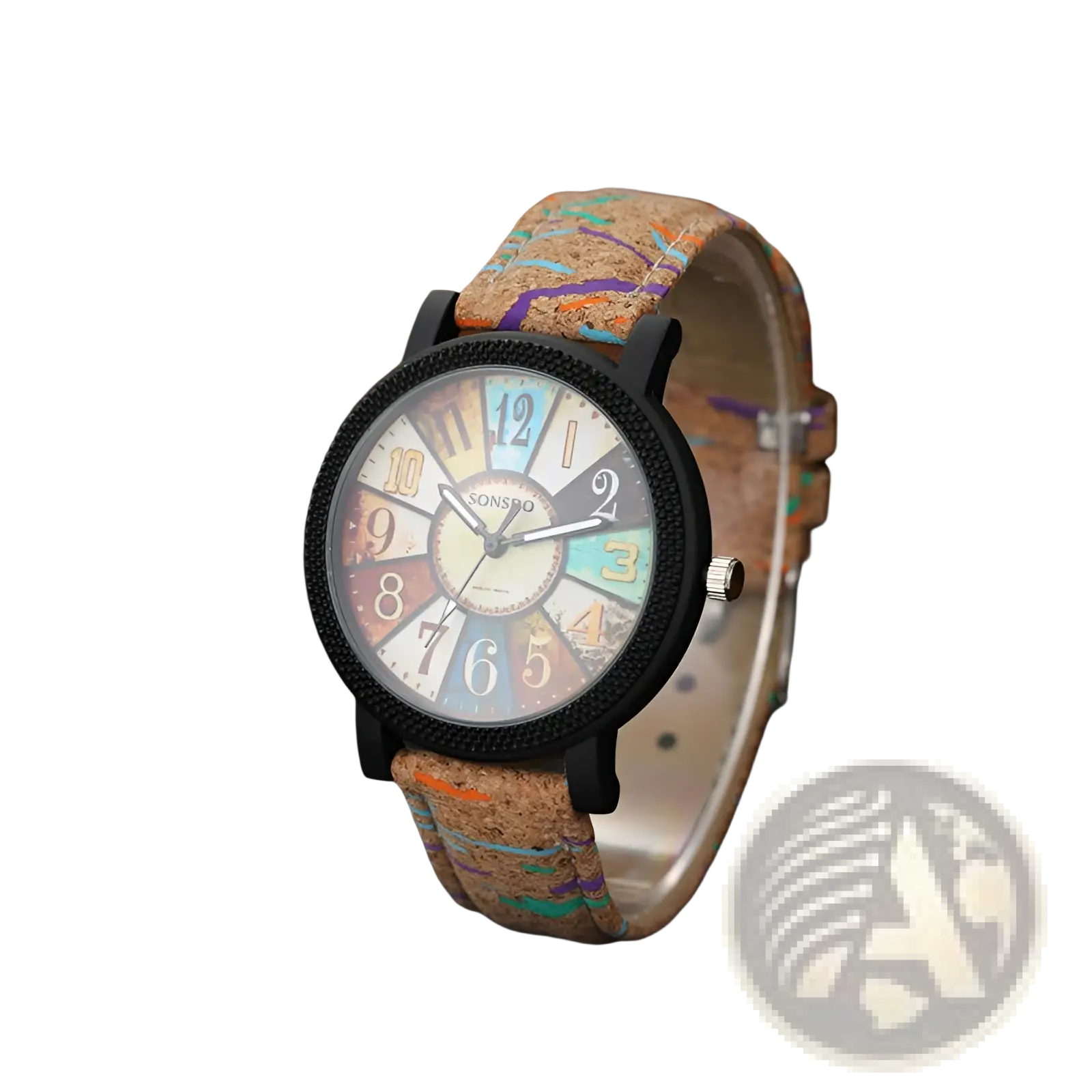 Vintage multicolored quartz watch for women with a colorful dial black case and cork strap