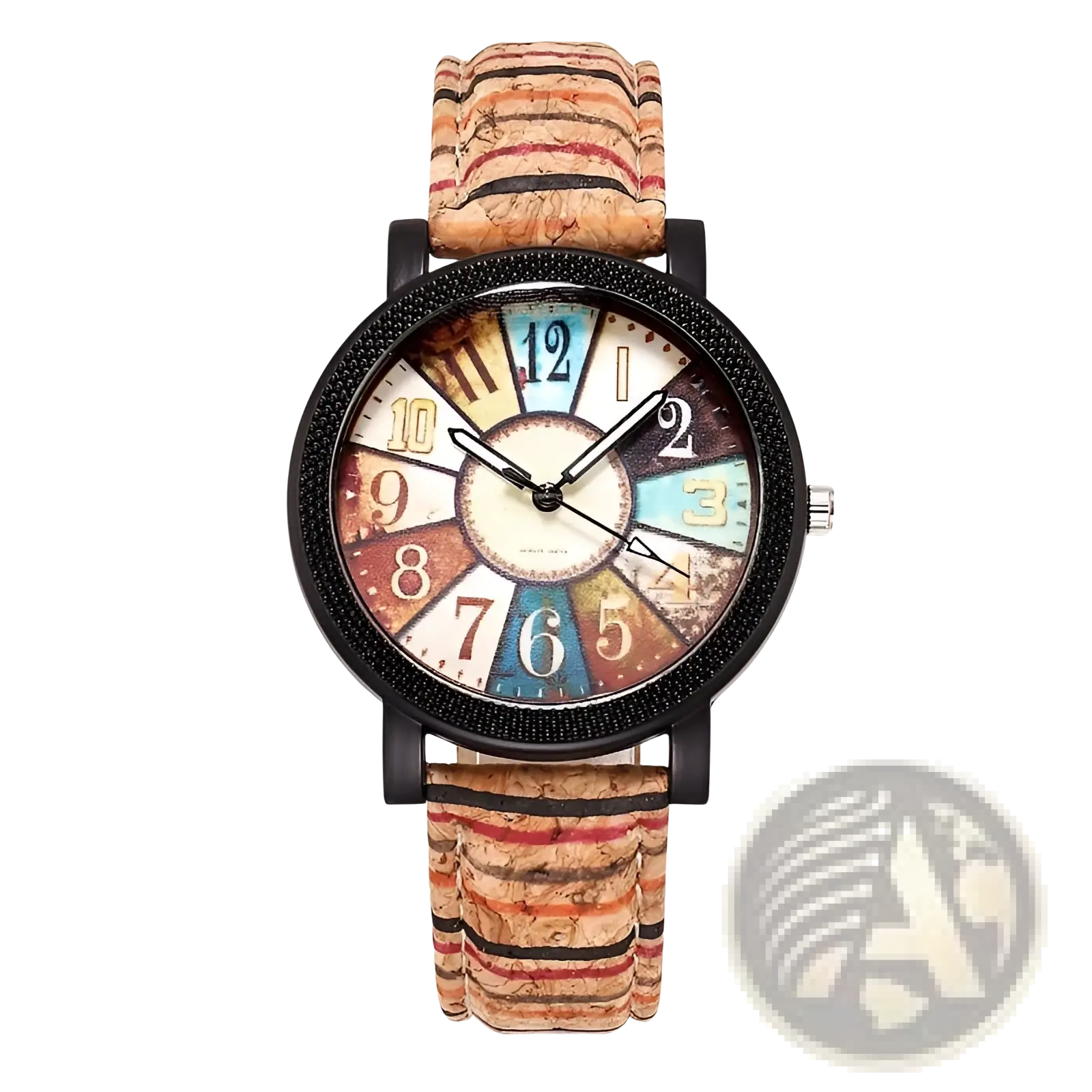 Vintage multicolored quartz watch for women with black bezel and cork strap featuring earthy striped patterns