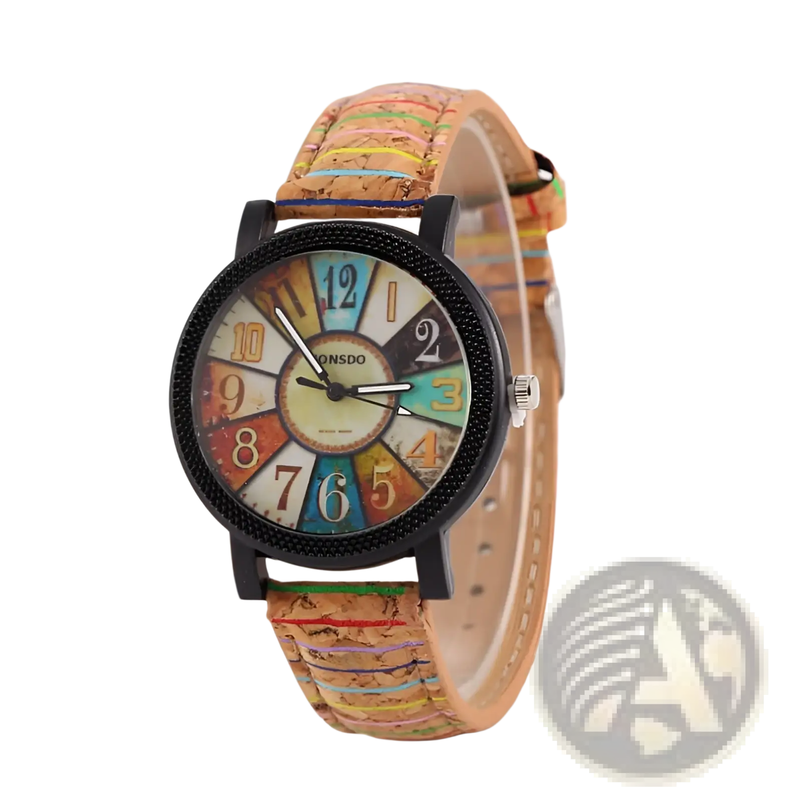 Vintage multicolored cork strap quartz watch for women with rainbow-striped cork band black case and bold multicolored dial