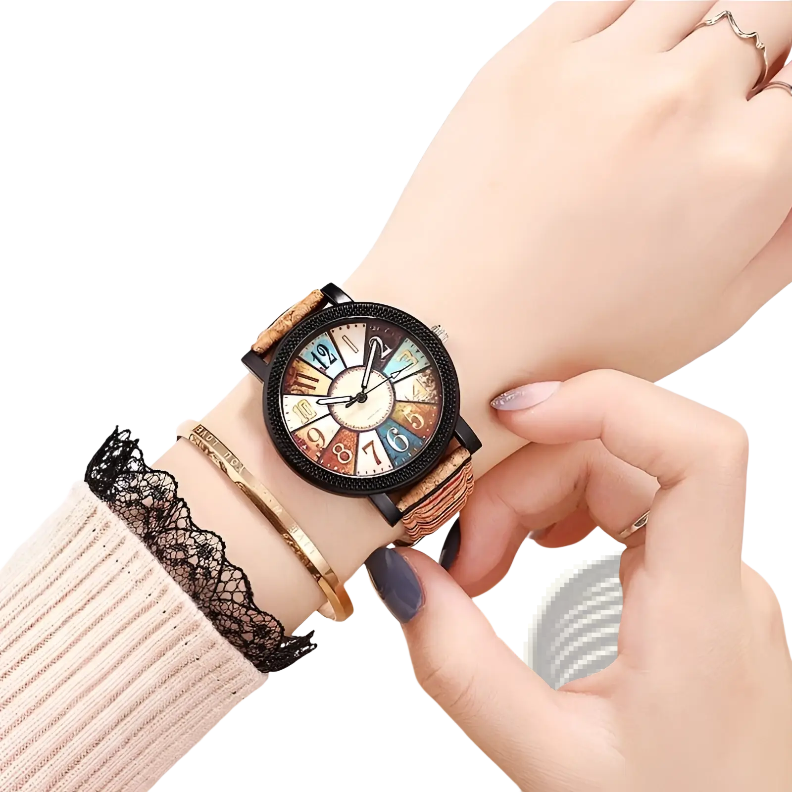 Vintage multicolored quartz watch for women with a round black bezel and woven brown cork strap worn on wrist