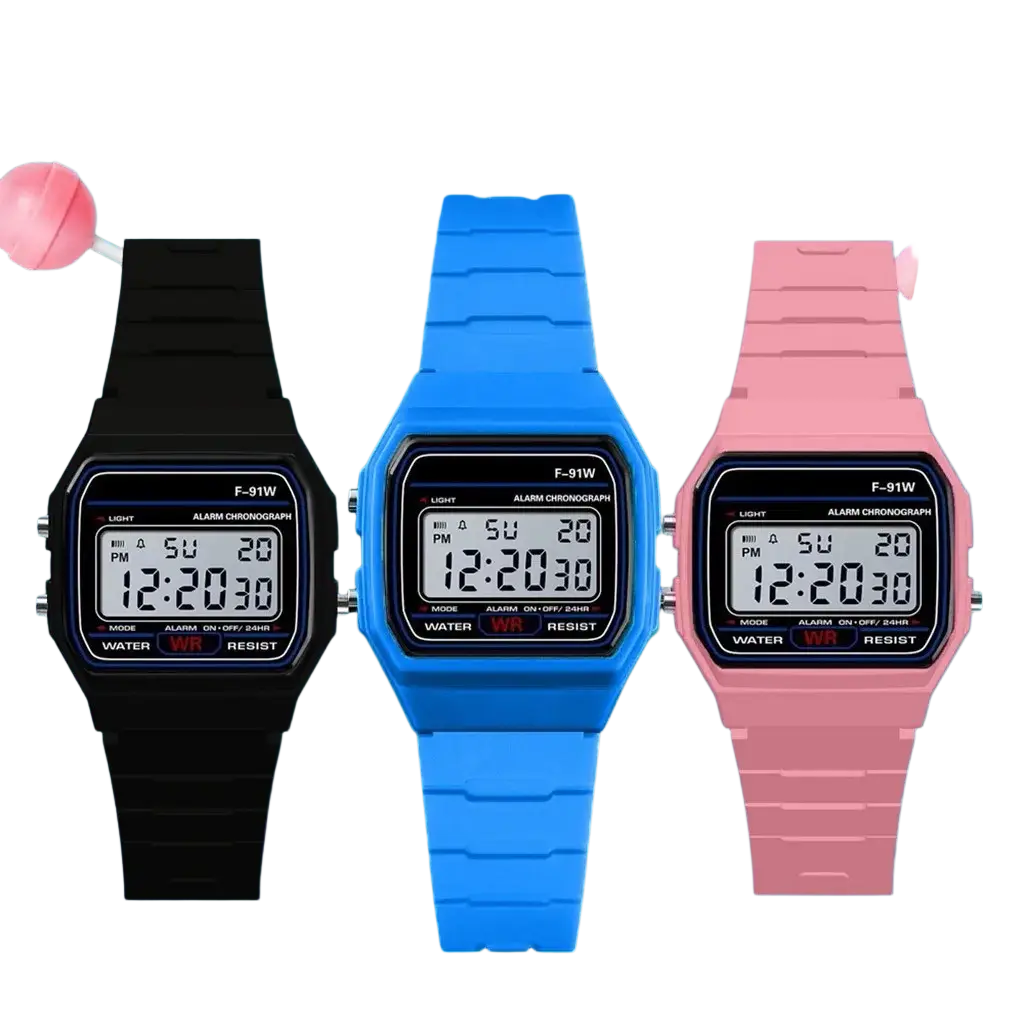 Men digital sport waterproof led military wristwatches with black blue and pink rubber straps displayed together