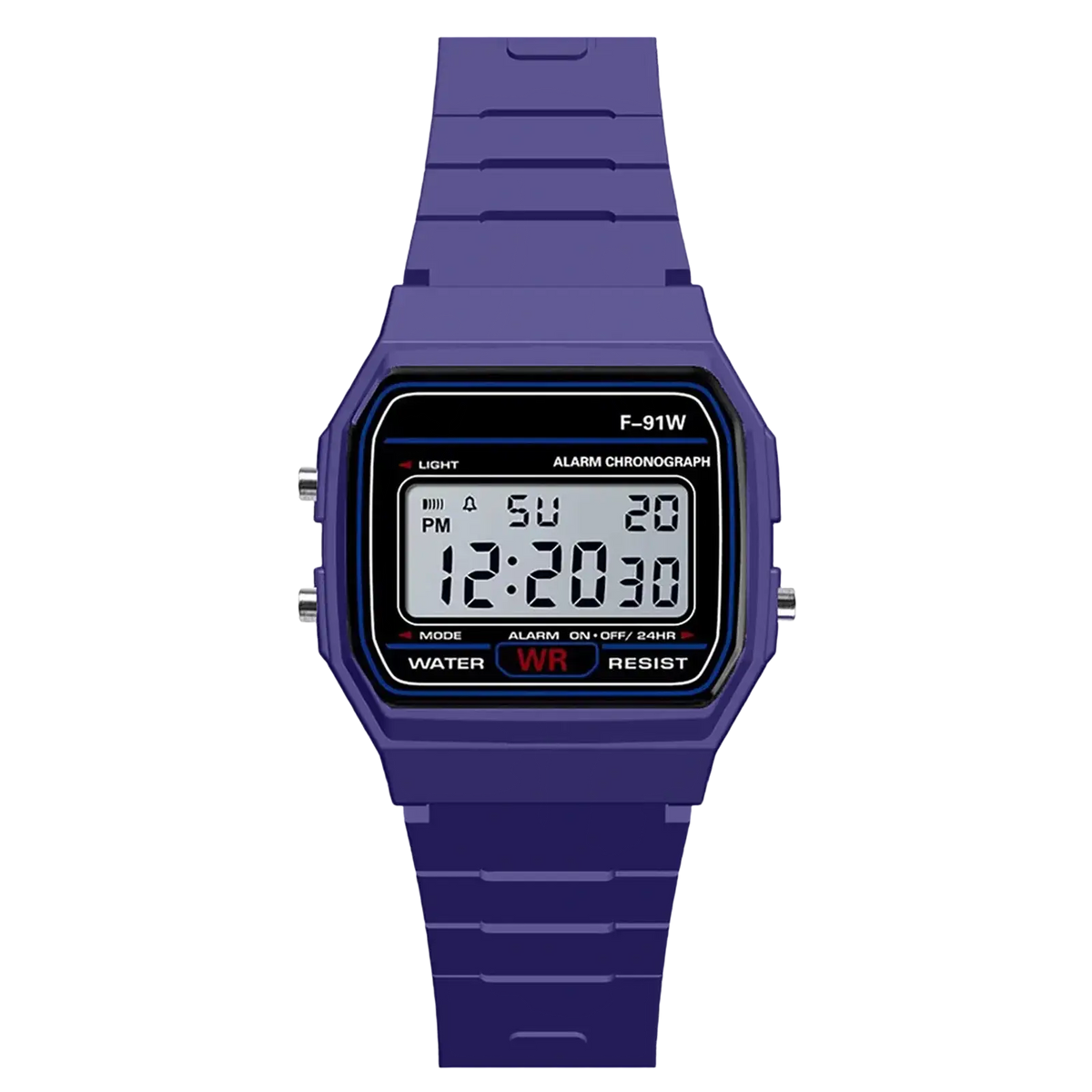 Purple men digital sport watch with rectangular case and silicone strap featuring alarm chronograph display