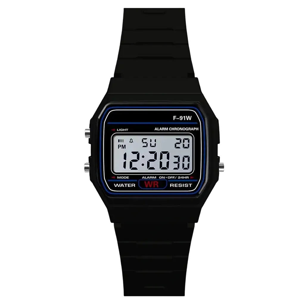 Men digital sport watch waterproof led military wristwatch with black rectangular case and blue-bordered display showing 12 20 pm