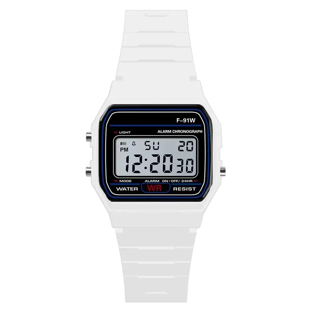 Men digital sport watch with white rectangular face black LED screen and silver-tone side buttons for military use