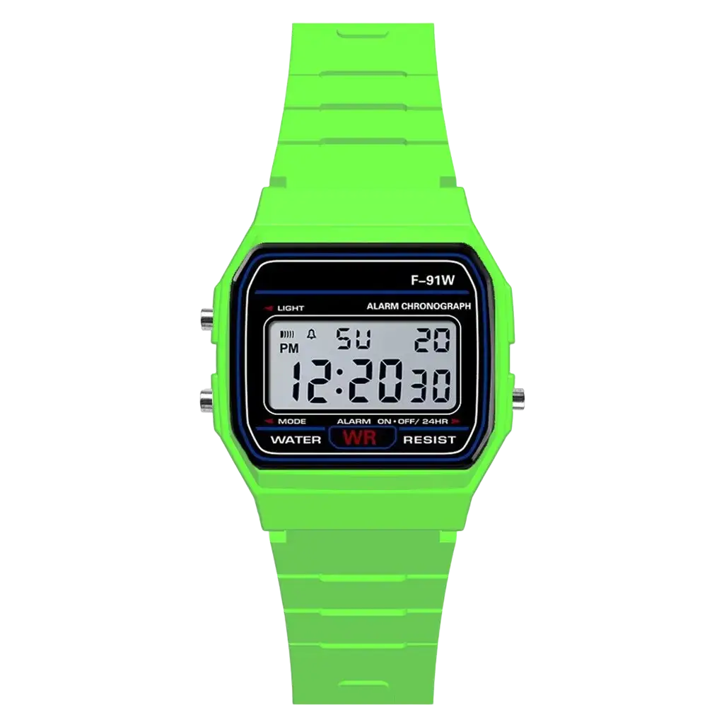 Vibrant lime green men digital sport watch with rectangular case, waterproof led display showing time and day
