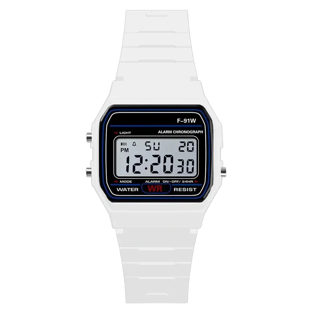 Men digital sport watch waterproof led military wristwatch with white rectangular face blue bezel and silver side buttons