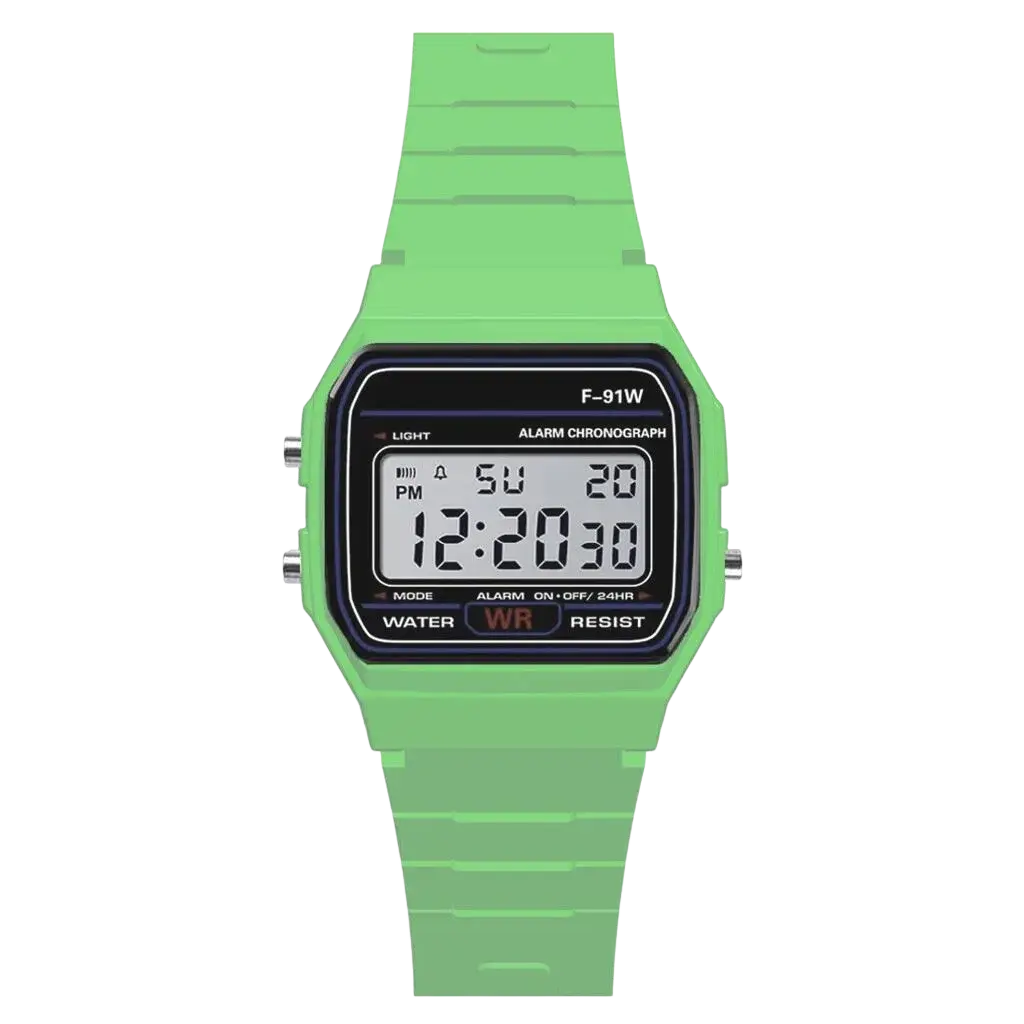 Bright green men digital sport watch with rectangular face and silicone strap designed for waterproof military use
