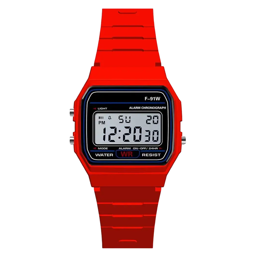 Men digital sport watch waterproof led military wristwatch with red rectangular case and strap showing time and day