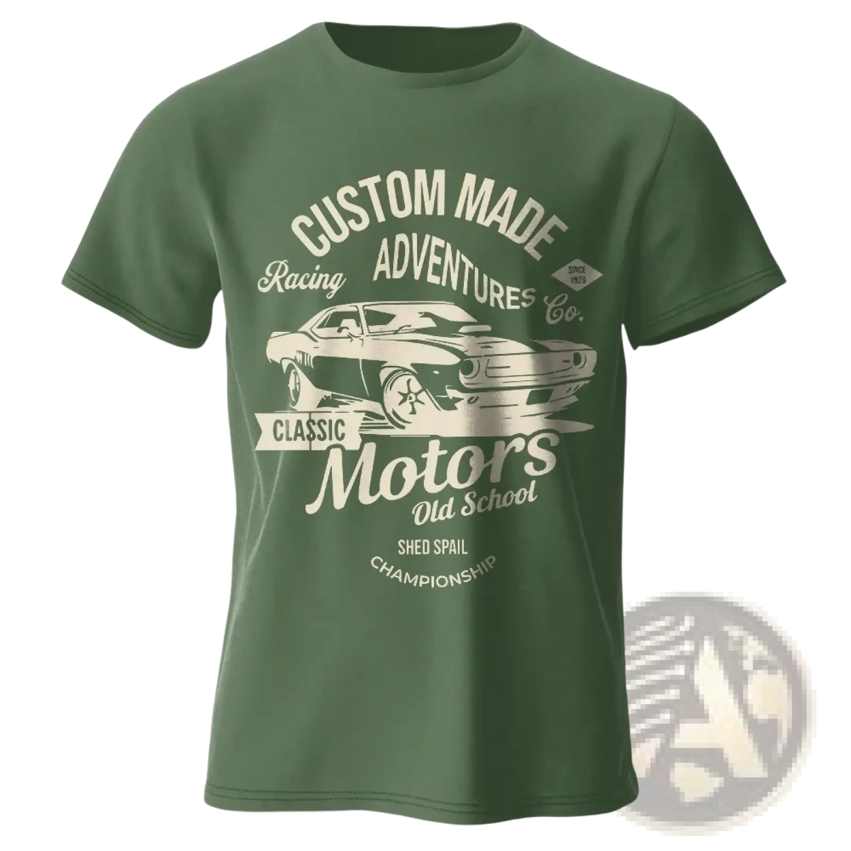 Olive green cotton vintage muscle car graphic t-shirt with cream text and detailing on the front
