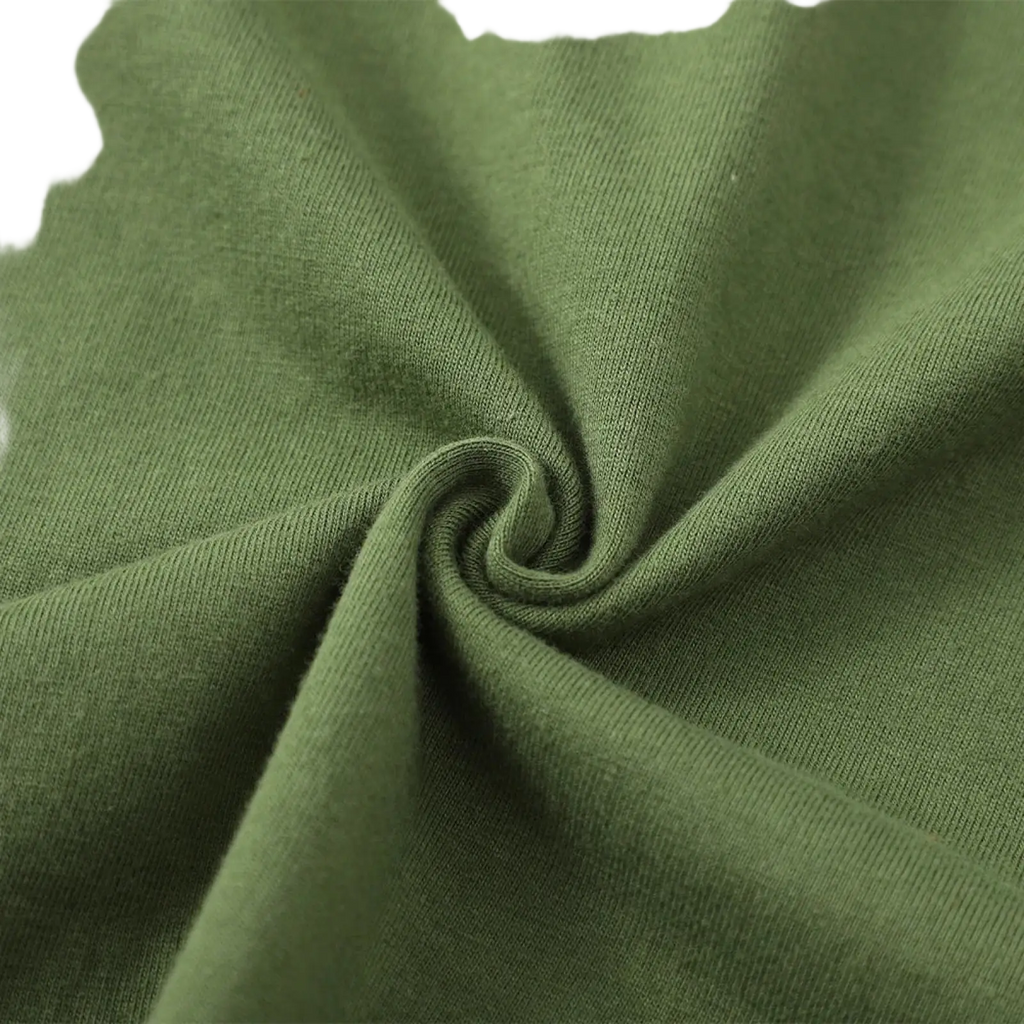 Olive green ribbed knit fabric with soft stretchy texture for vintage muscle car graphic t-shirt material detail