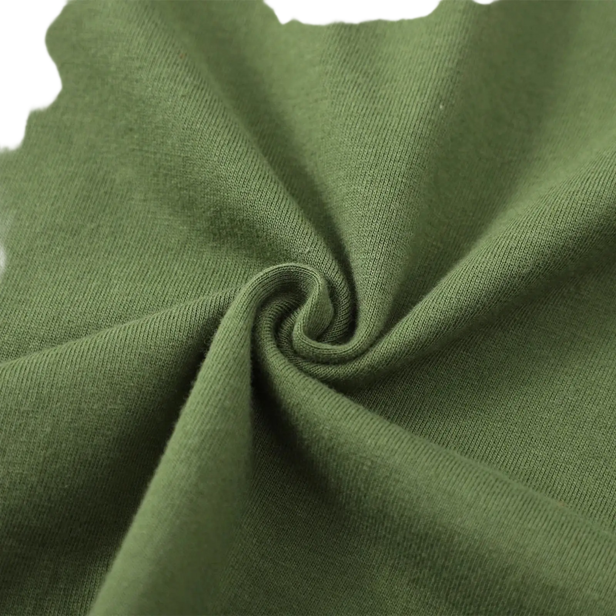 Olive green ribbed knit fabric with soft stretchy texture for vintage muscle car graphic t-shirt material detail