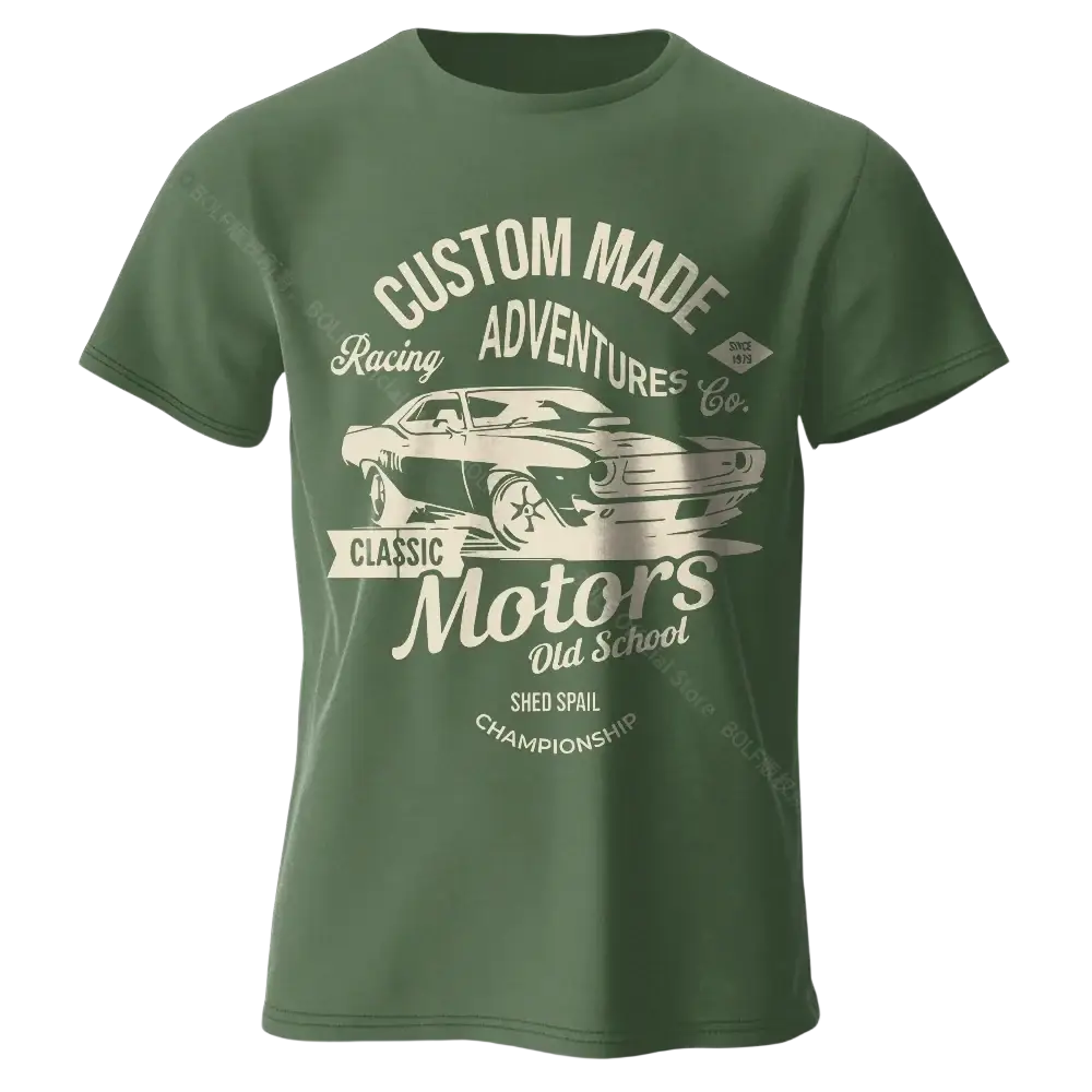 Olive green short-sleeved cotton t-shirt featuring vintage muscle car graphic with cream text detailing