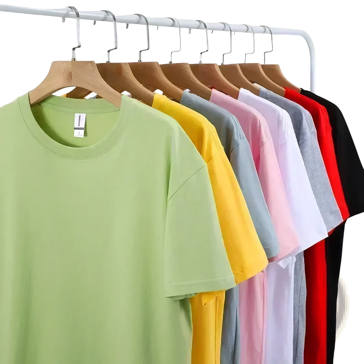 A soft mint green cotton vintage muscle car graphic t-shirt with classic crew neck and short sleeves on wooden hanger
