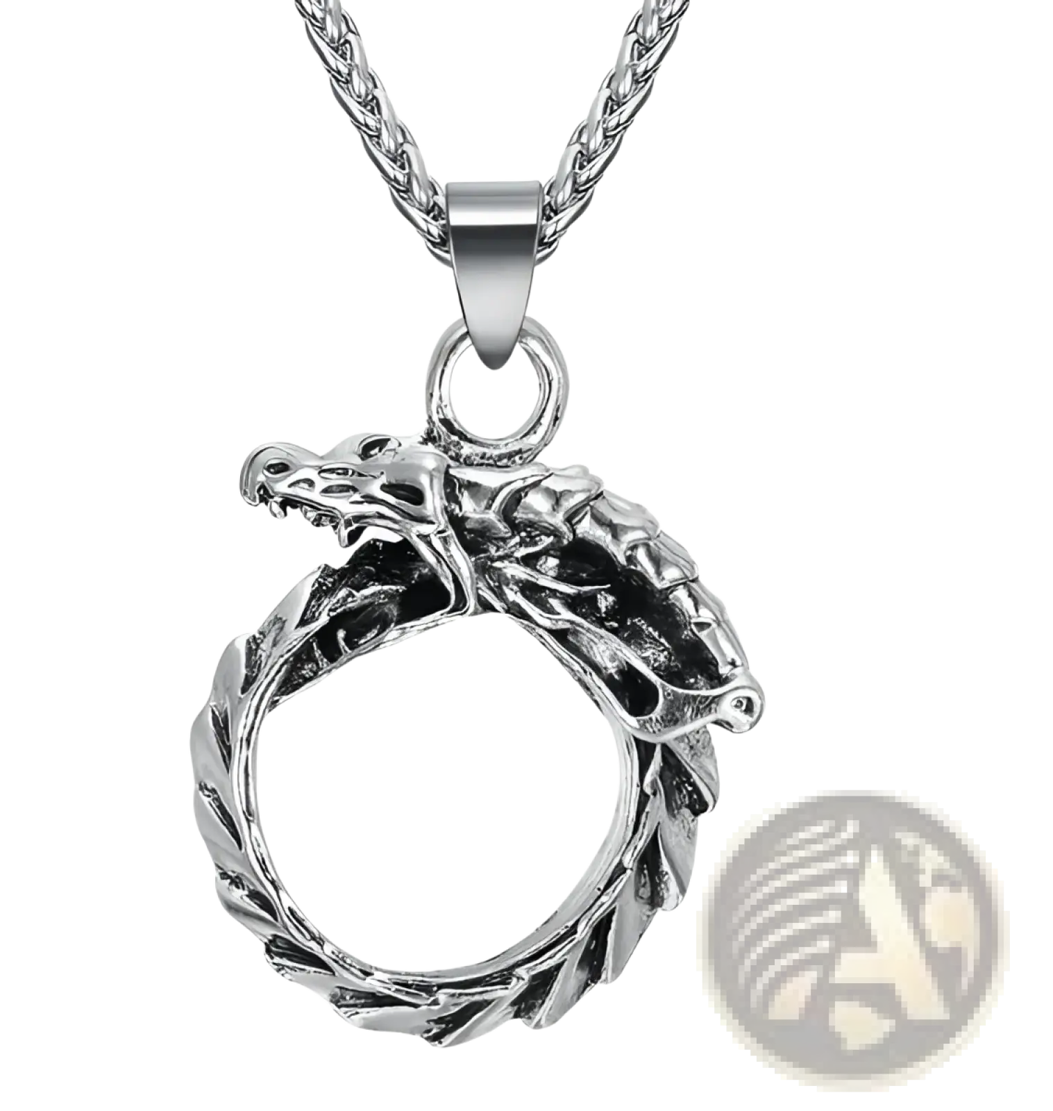 Silver dragon head pendant with intricate scales and open mouth attached to braided stainless steel Viking necklace
