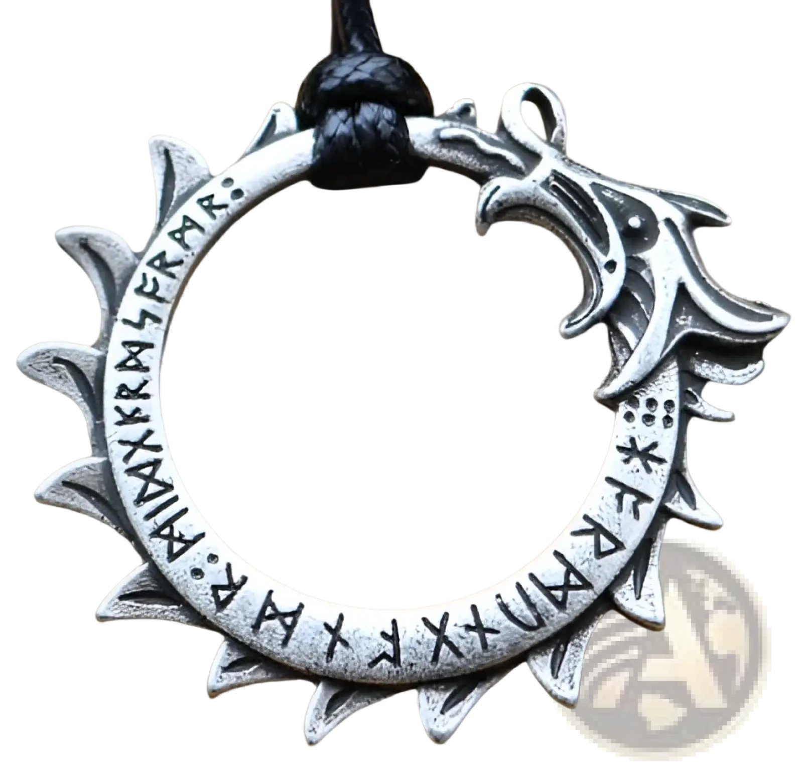 Silver norse-style dragon ring pendant with black cord featuring runic inscriptions in a vintage nordic stainless steel necklace