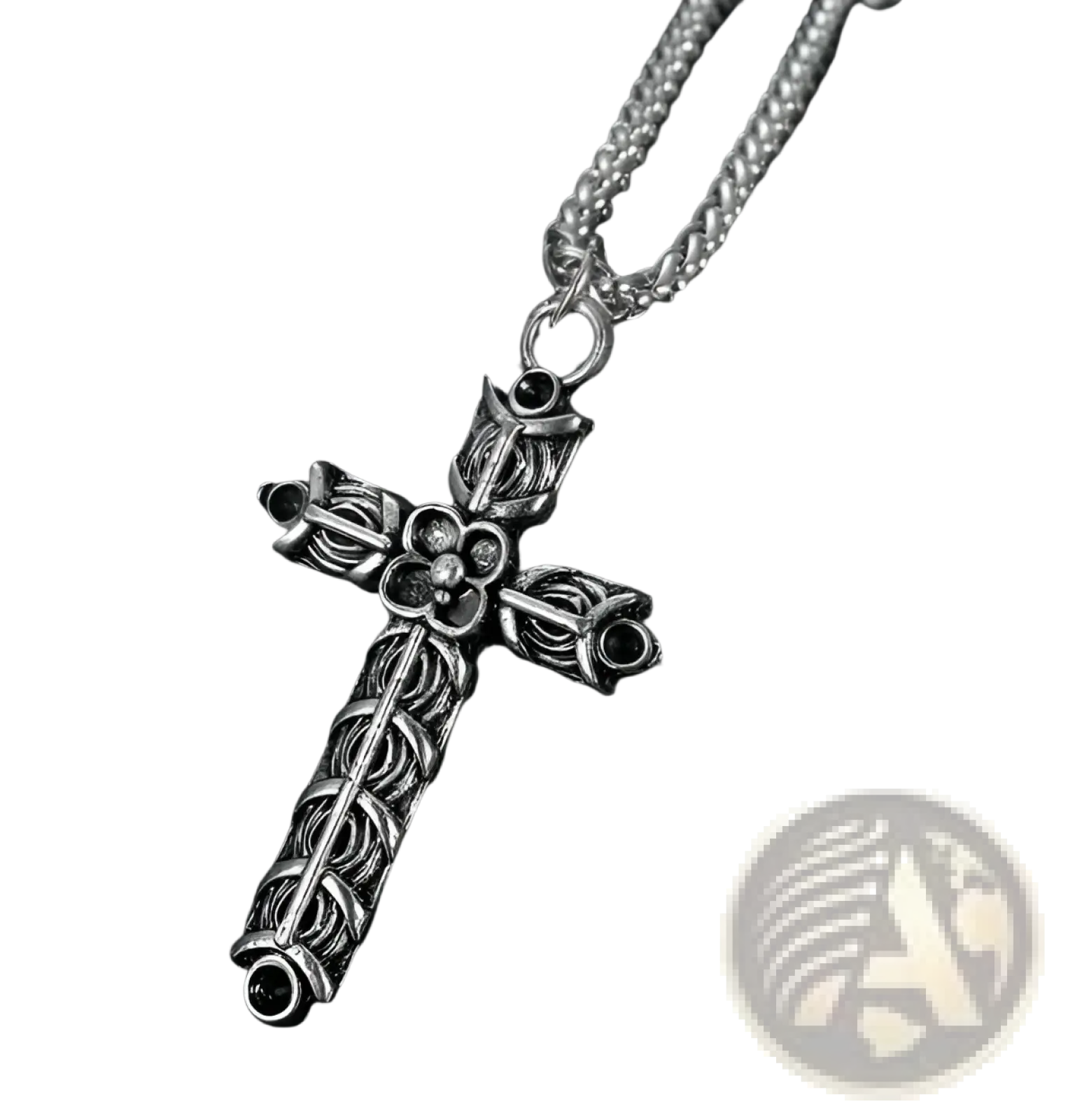 Silver-toned stainless steel viking necklace with intricate filigree cross pendant and textured braided chain