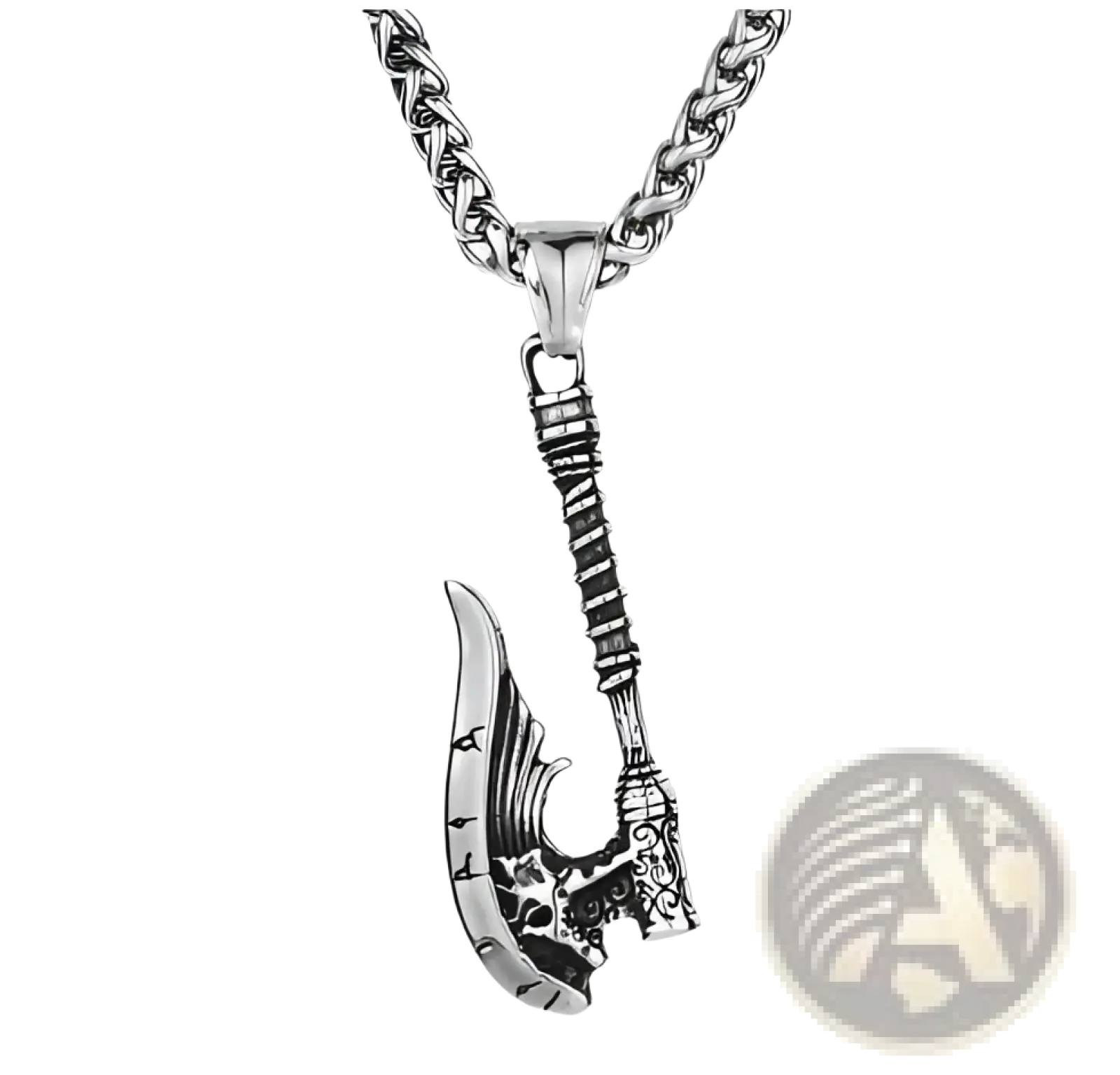 Silver vintage Nordic rune axe-shaped pendant with intricate engravings and textured handle on braided chain stainless steel