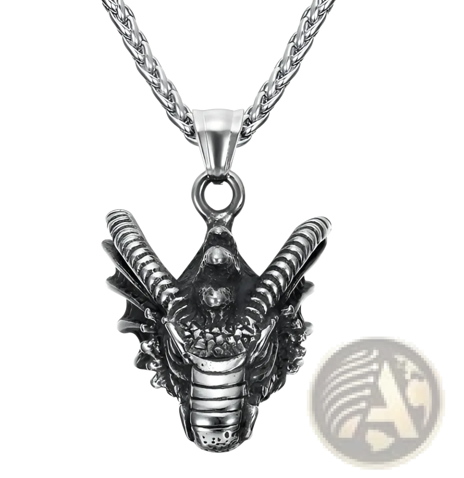 Silver dragon head pendant with intricate scales and horns on braided stainless steel chain vintage nordic rune necklace