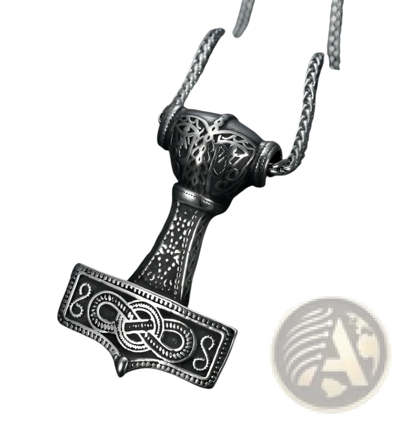 Silver stainless steel vintage Nordic rune pendant featuring intricate Norse knotwork and a textured braided chain necklace