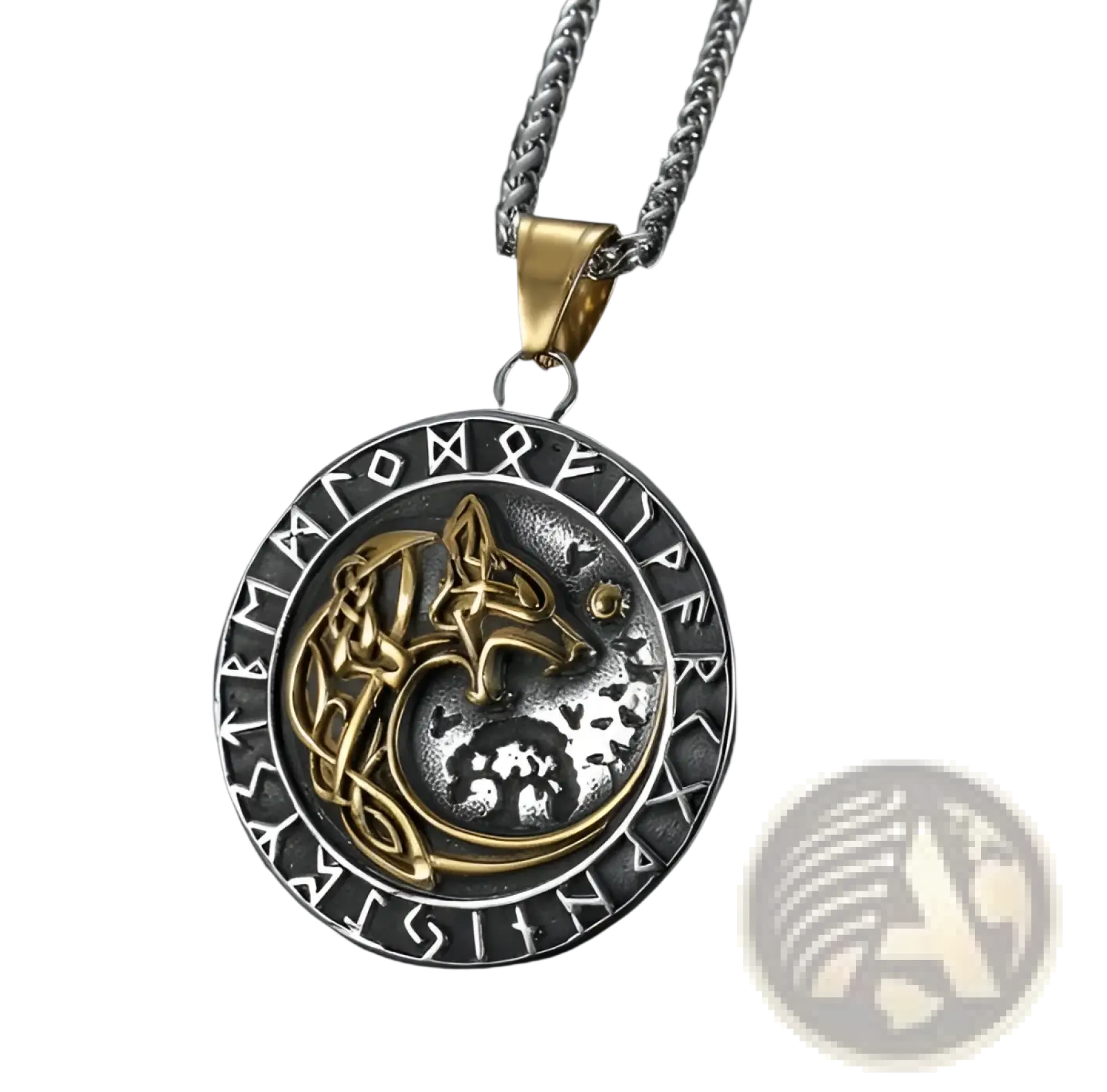 Silver and gold two-tone stainless steel viking necklace pendant with engraved wolf and norse runes on a braided chain