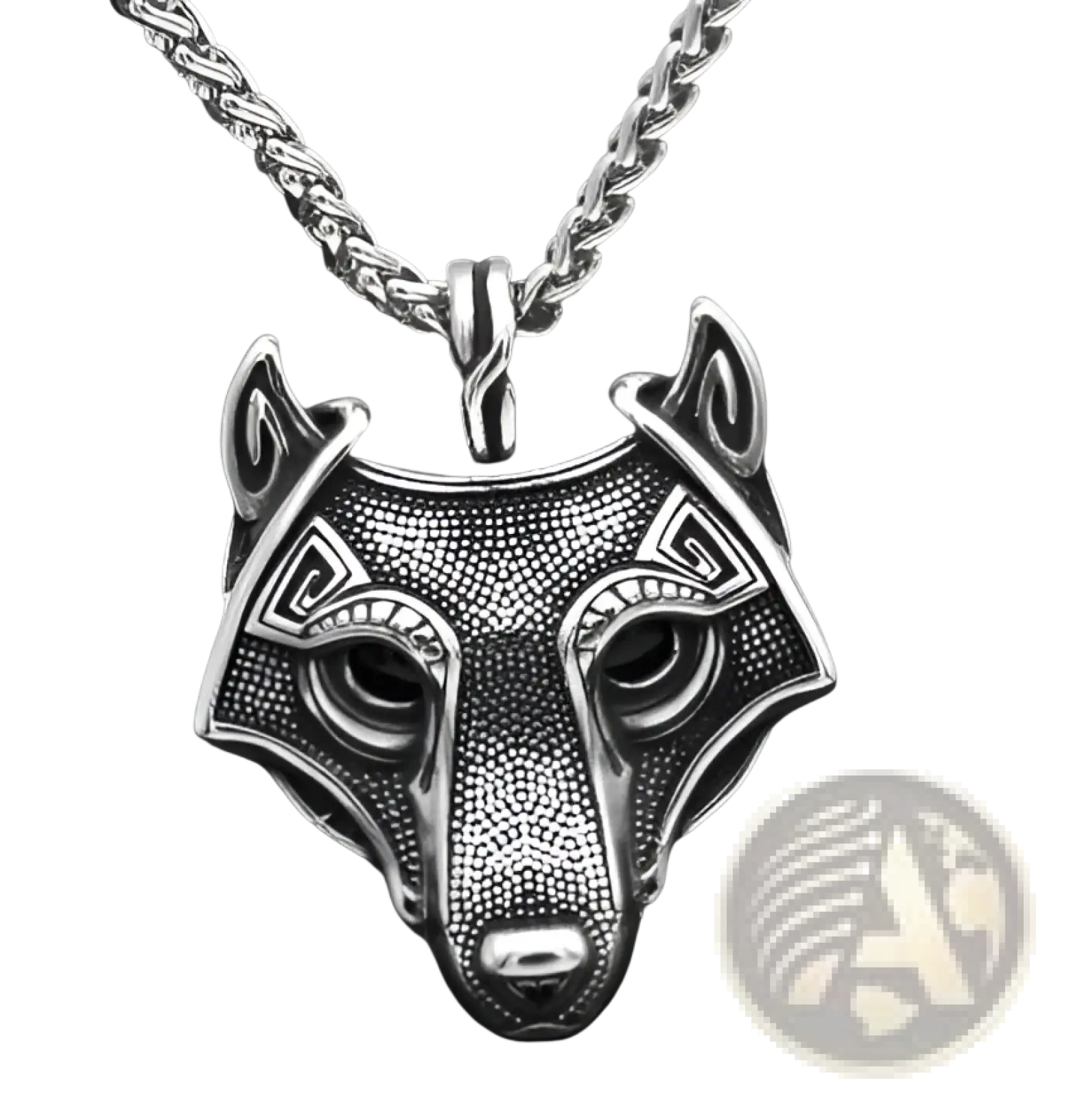 Silver wolf head pendant with intricate Norse engravings on a braided chain vintage Nordic rune stainless steel necklace