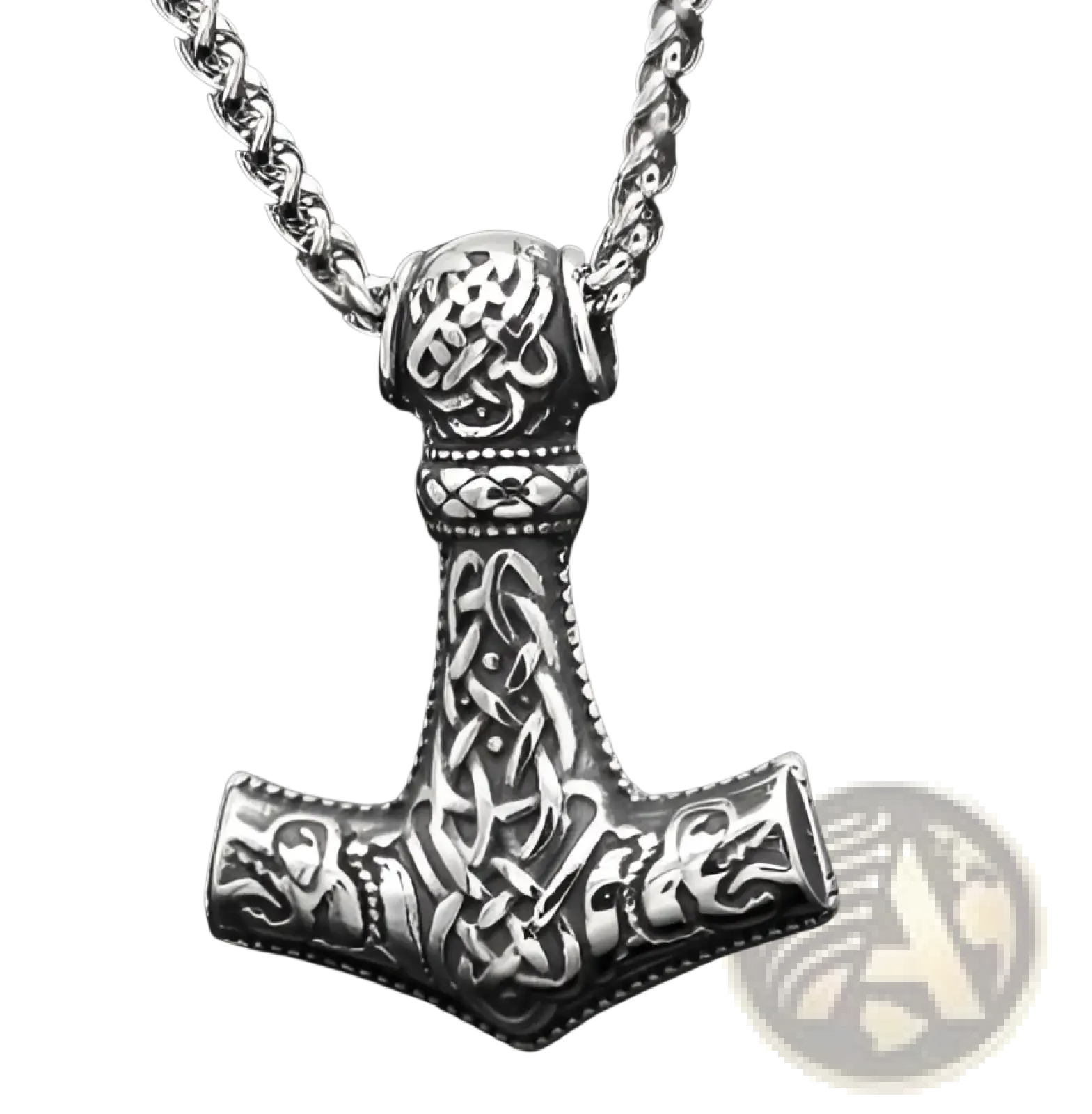 Silver stainless steel vintage Nordic rune pendant with intricate Norse knotwork and textured Viking necklace chain