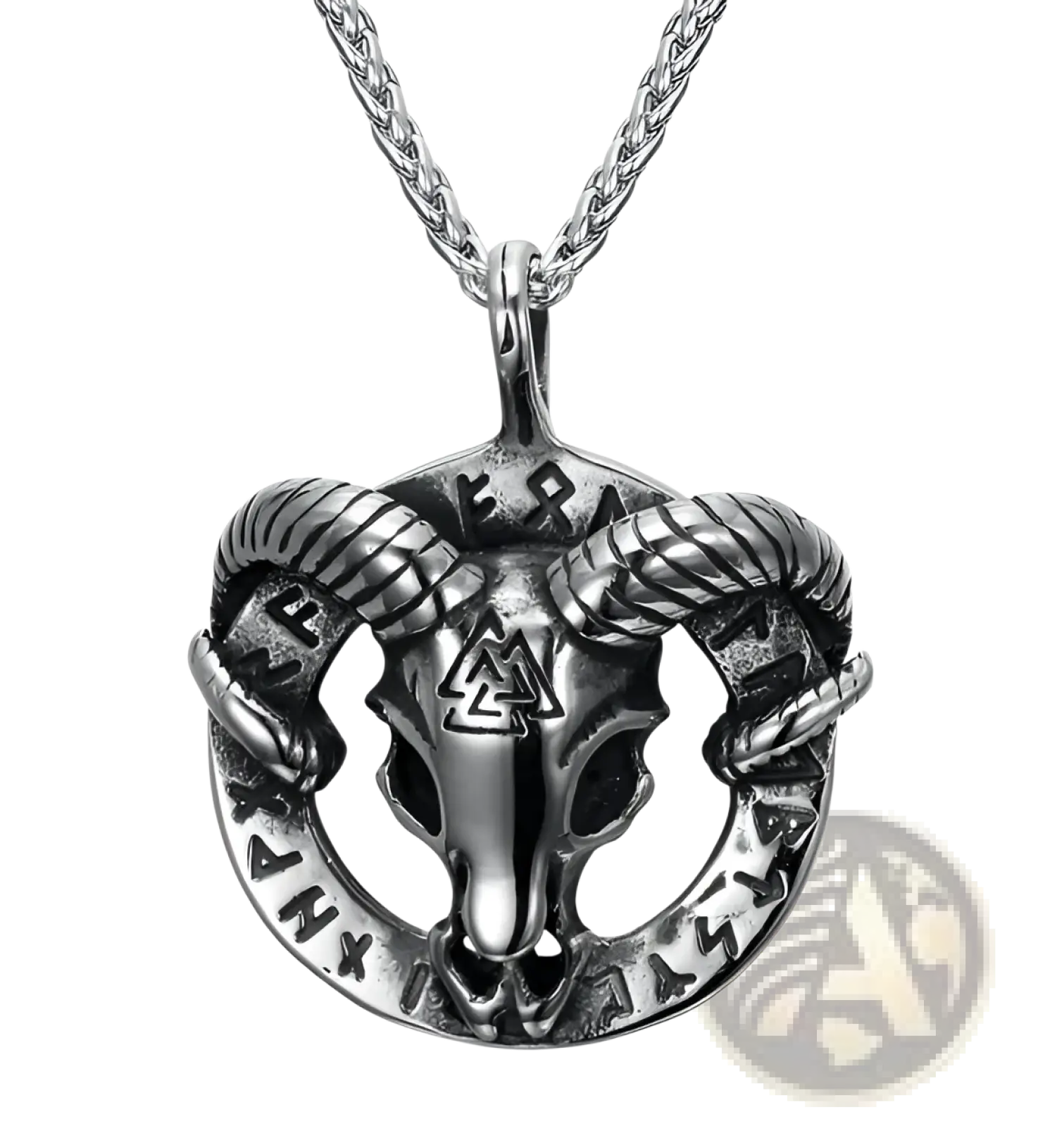 Silver stainless steel viking necklace with ram skull pendant and intricate runic inscriptions on braided chain