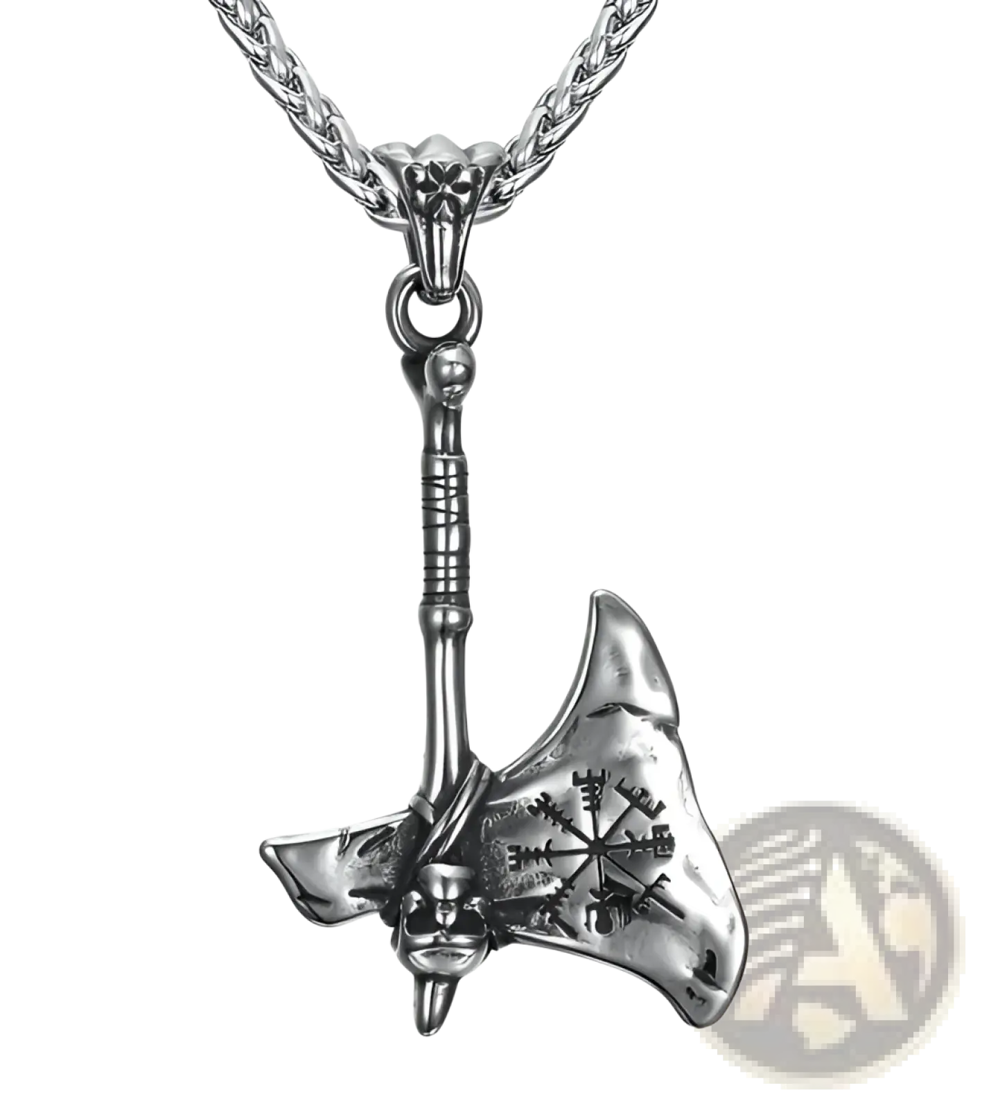 Silver vintage nordic rune pendant with detailed skull and runic design on braided stainless steel viking necklace