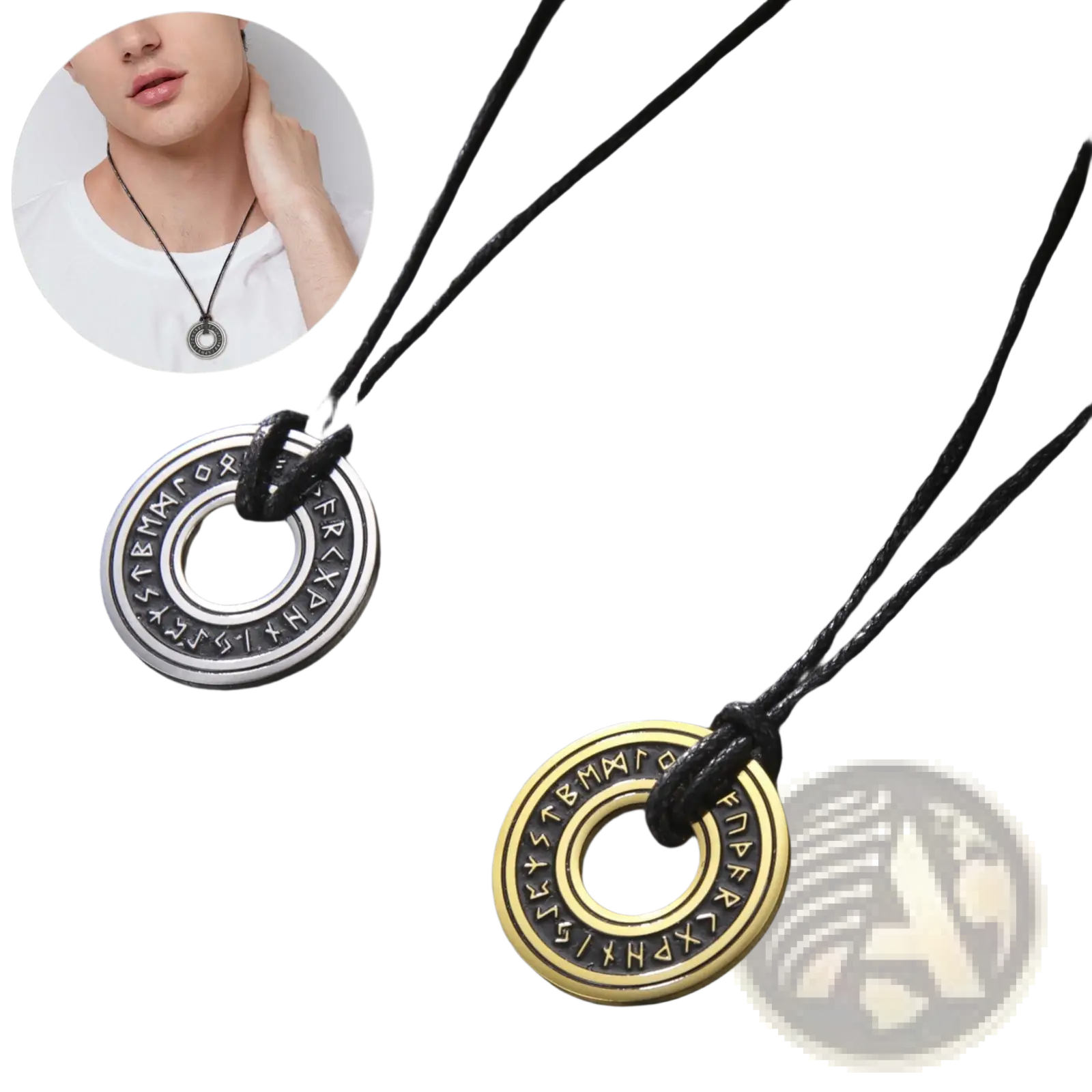 Two vintage nordic rune pendant necklaces in silver and gold toned stainless steel with engraved runes